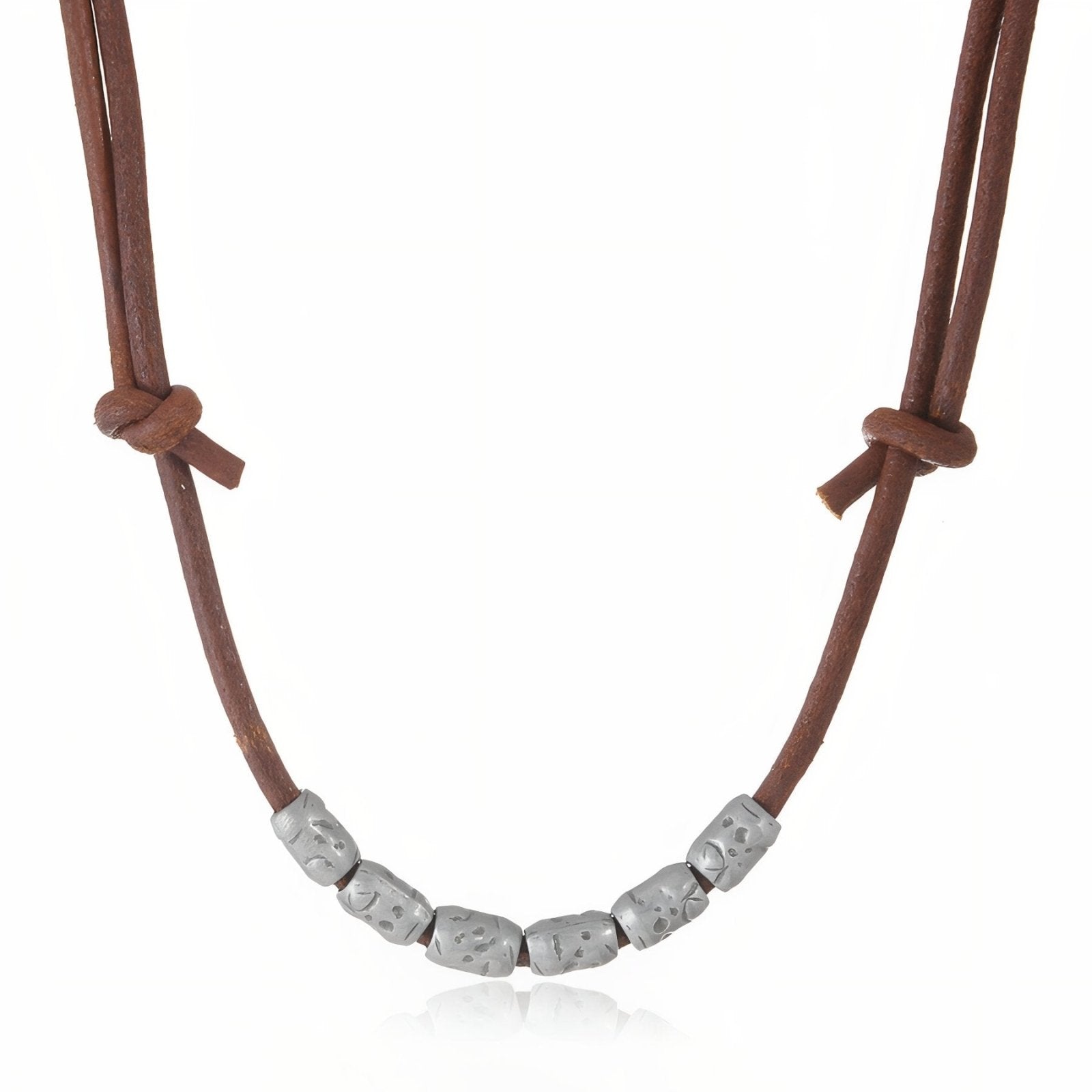 Collier cuir marron pour homme, perles tribales en métal gravé, style vintage