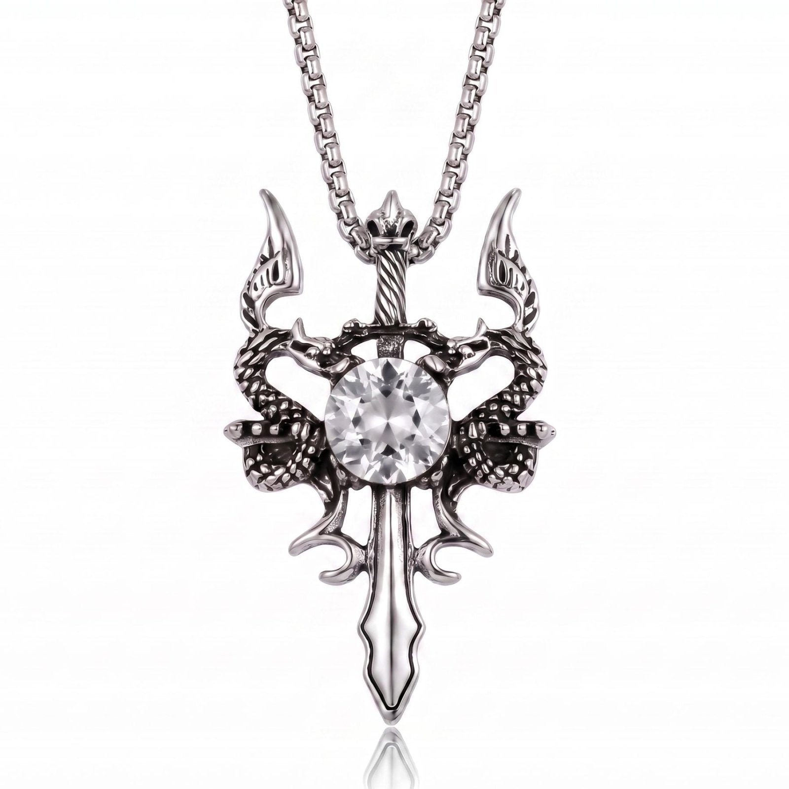 Collier dague dragon unisexe en alliage de zinc argenté avec cristal