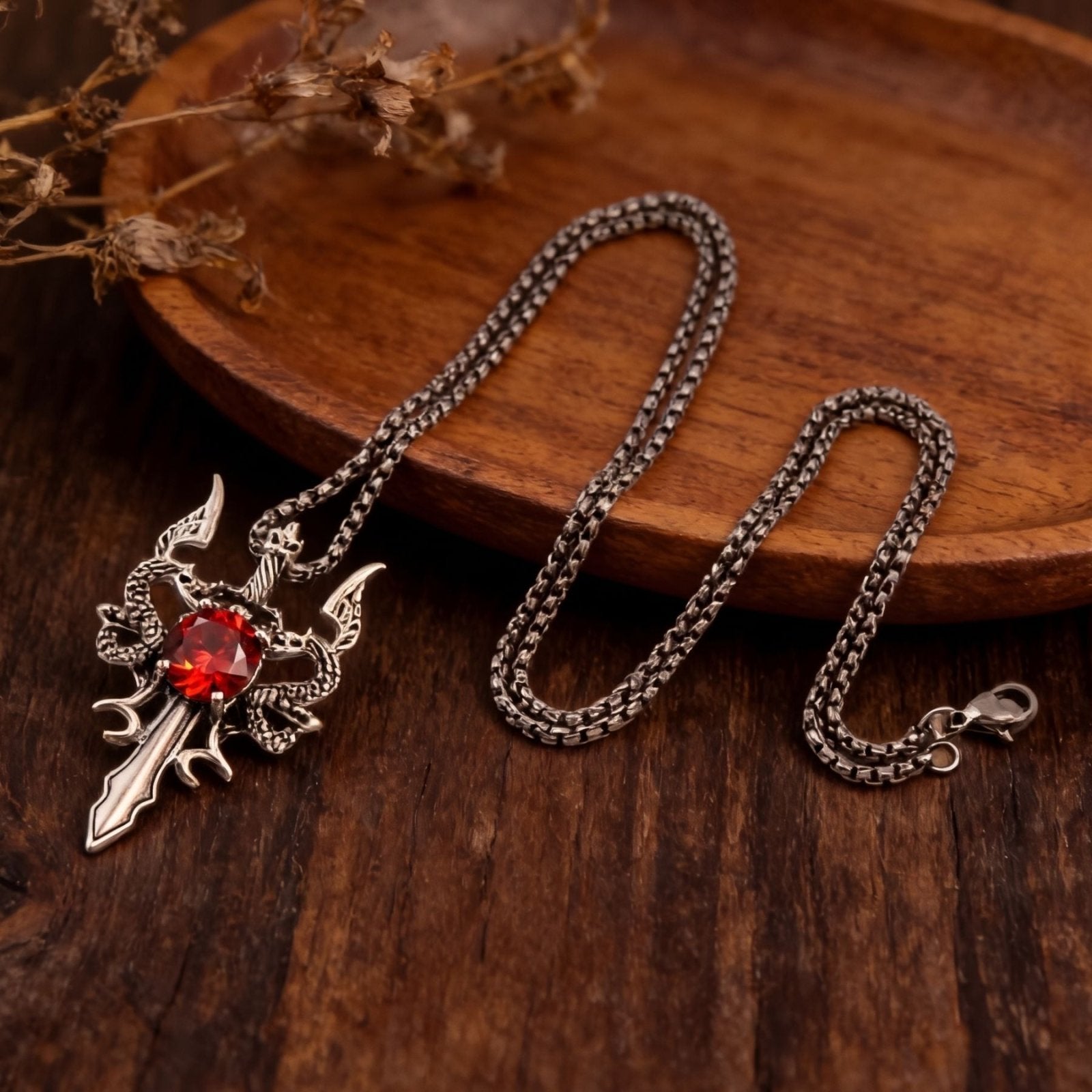 Collier dague dragon unisexe en alliage de zinc argenté avec cristal