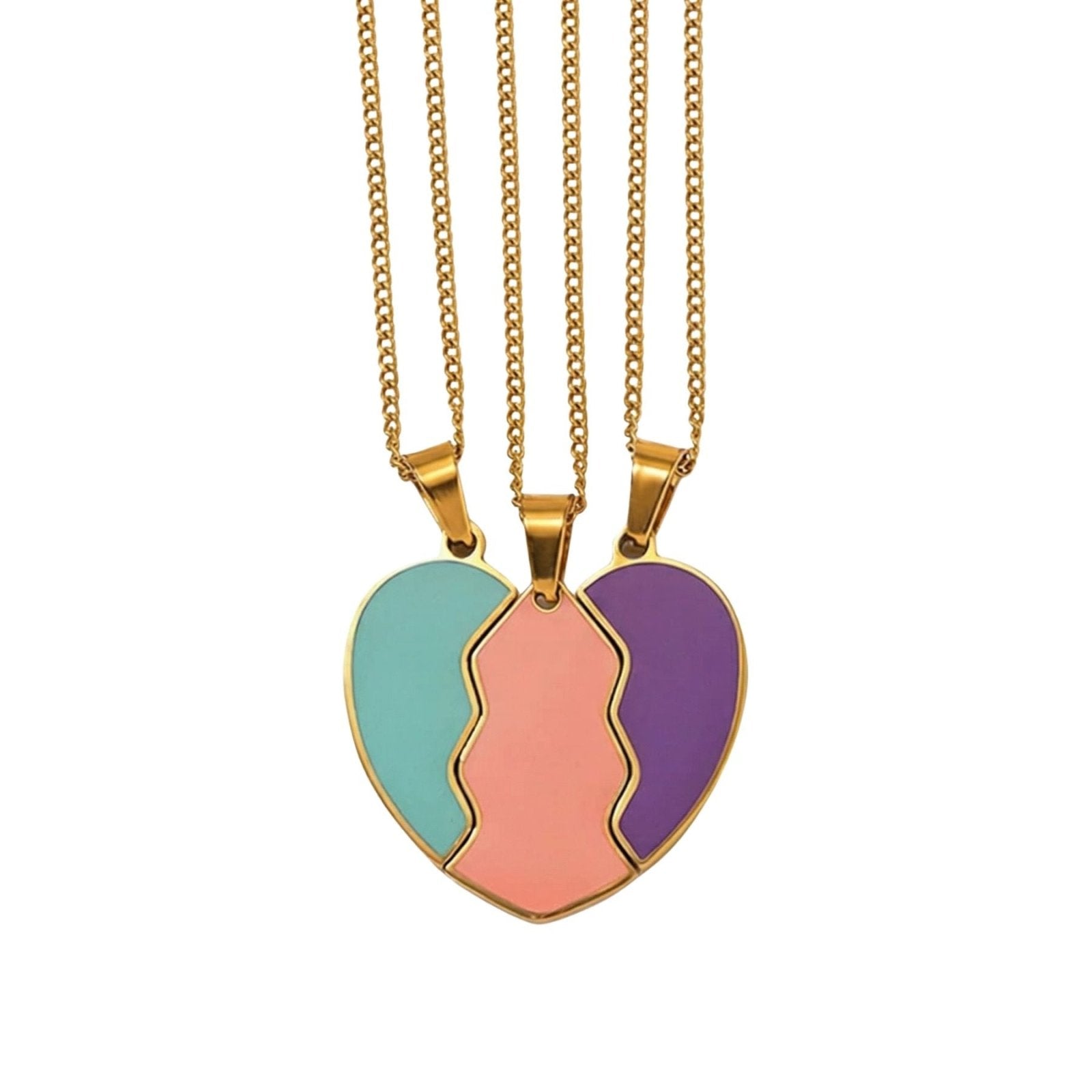 Collier d'amitié pour 3, avec pendentif trio cœur brisé, en acier inoxydable et émail