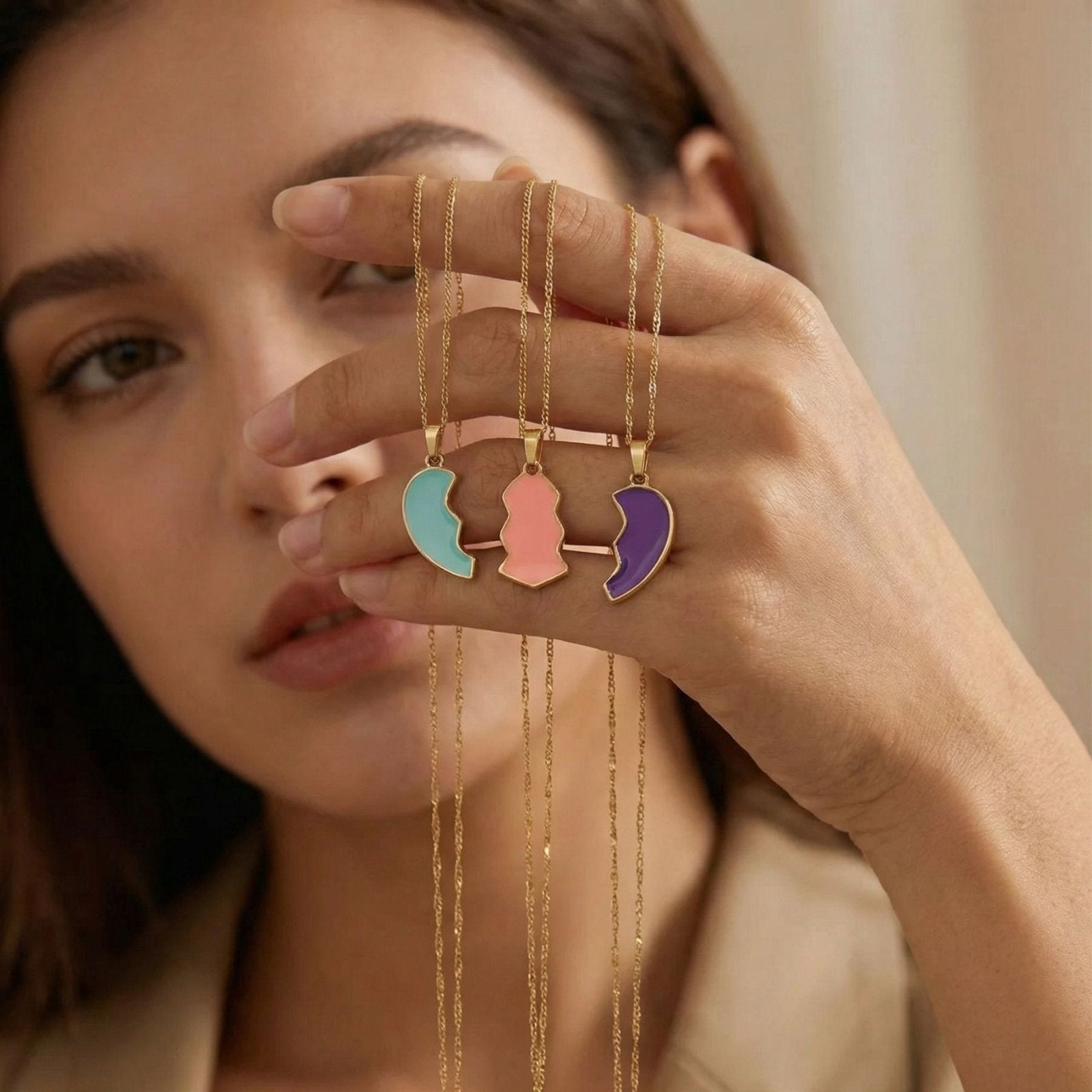 Collier d'amitié pour 3, avec pendentif trio cœur brisé, en acier inoxydable et émail