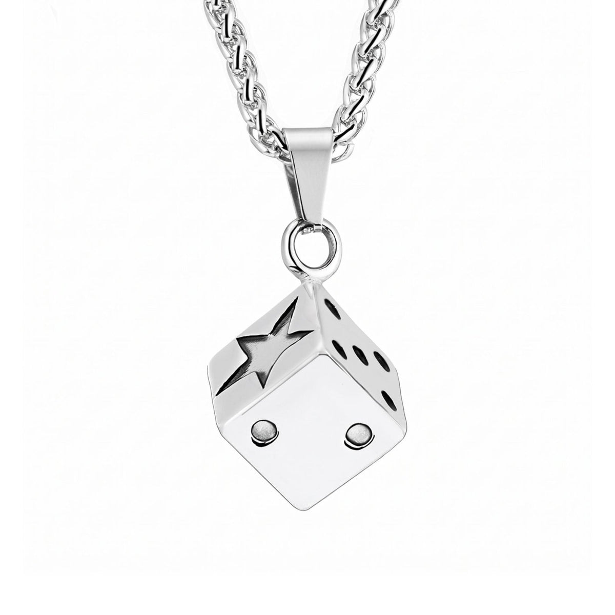 Collier dé à jouer pour homme, en acier inoxydable argenté, pendentif cube avec étoile gravée