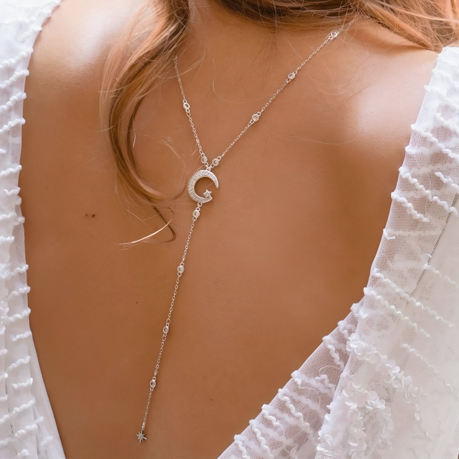 Collier de dos lune et étoile pour femme, avec cristal synthétique, en alliage métallique