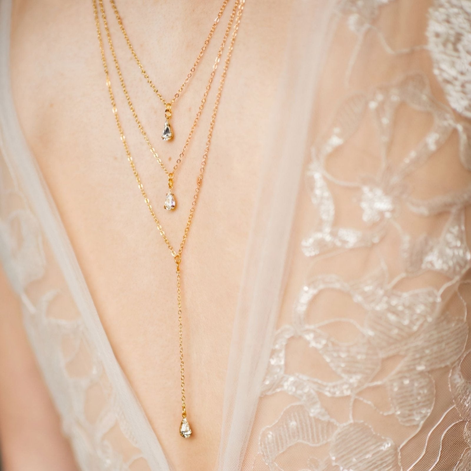 Collier de dos multi - rangs pour femme, avec cristal en forme de goutte, en alliage métallique