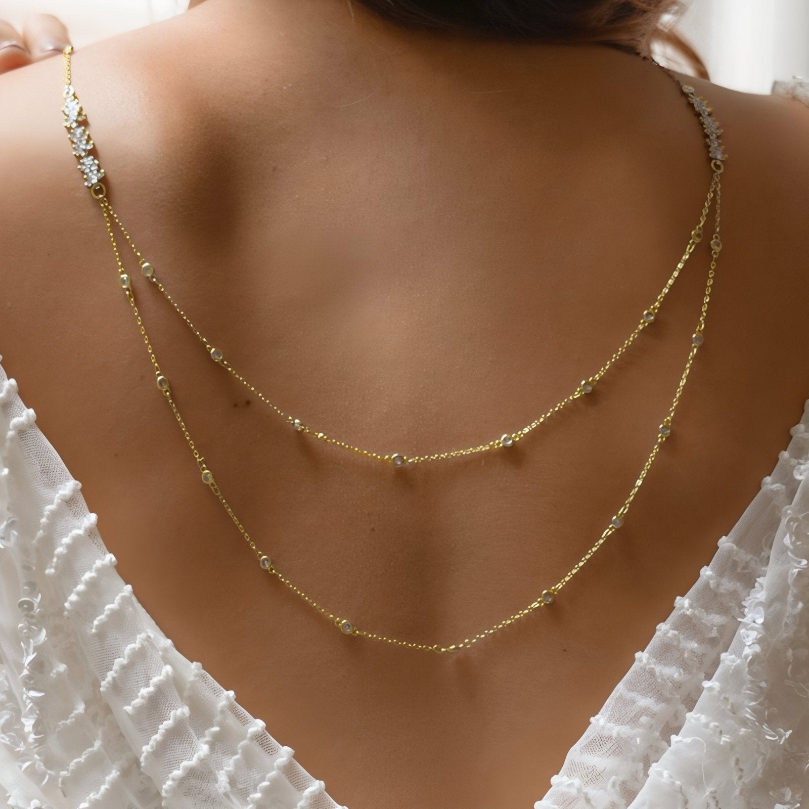 Collier de dos pour femme, avec strass et zircon, en alliage métallique, style mariage et cérémonie