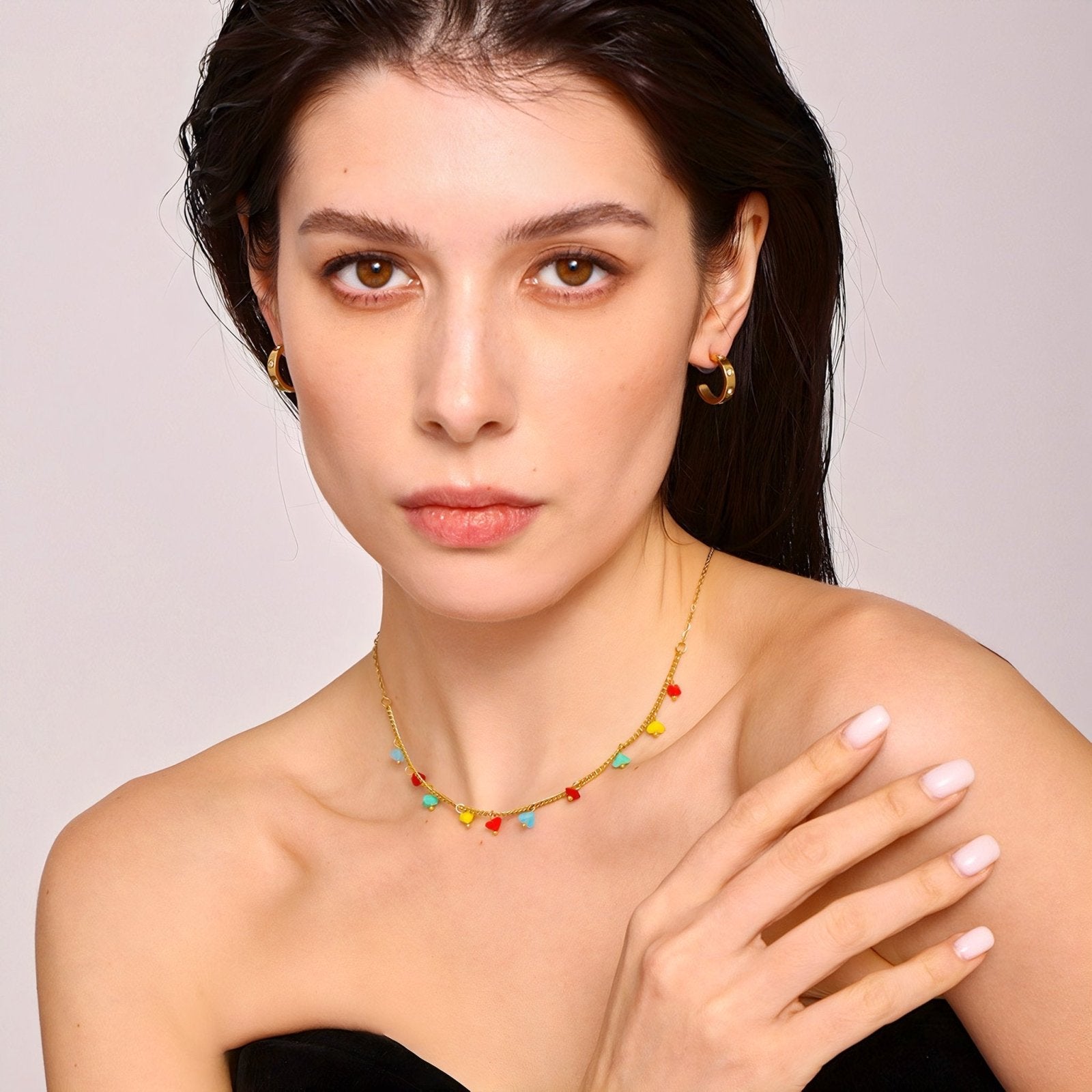 Collier doré bohème, pendentifs cristal coloré, acier inoxydable, modèle Anika