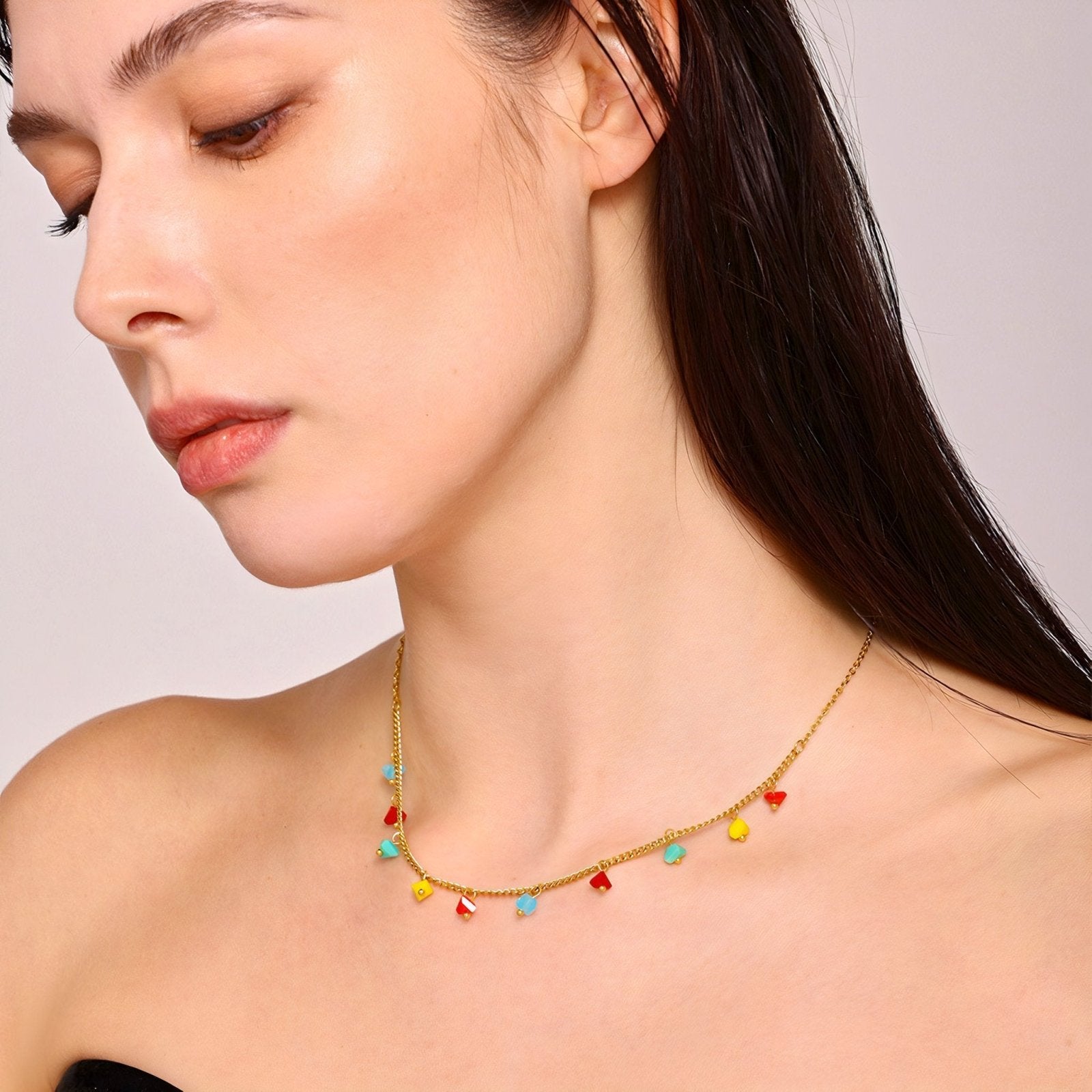 Collier doré bohème, pendentifs cristal coloré, acier inoxydable, modèle Anika
