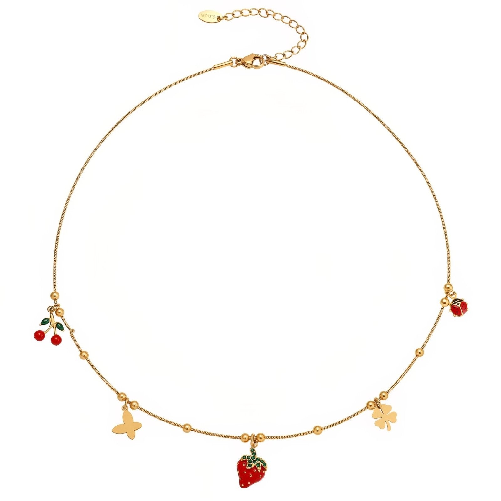 Collier doré femme, breloques fraise, coccinelle et cerises, acier inoxydable plaqué or 18K