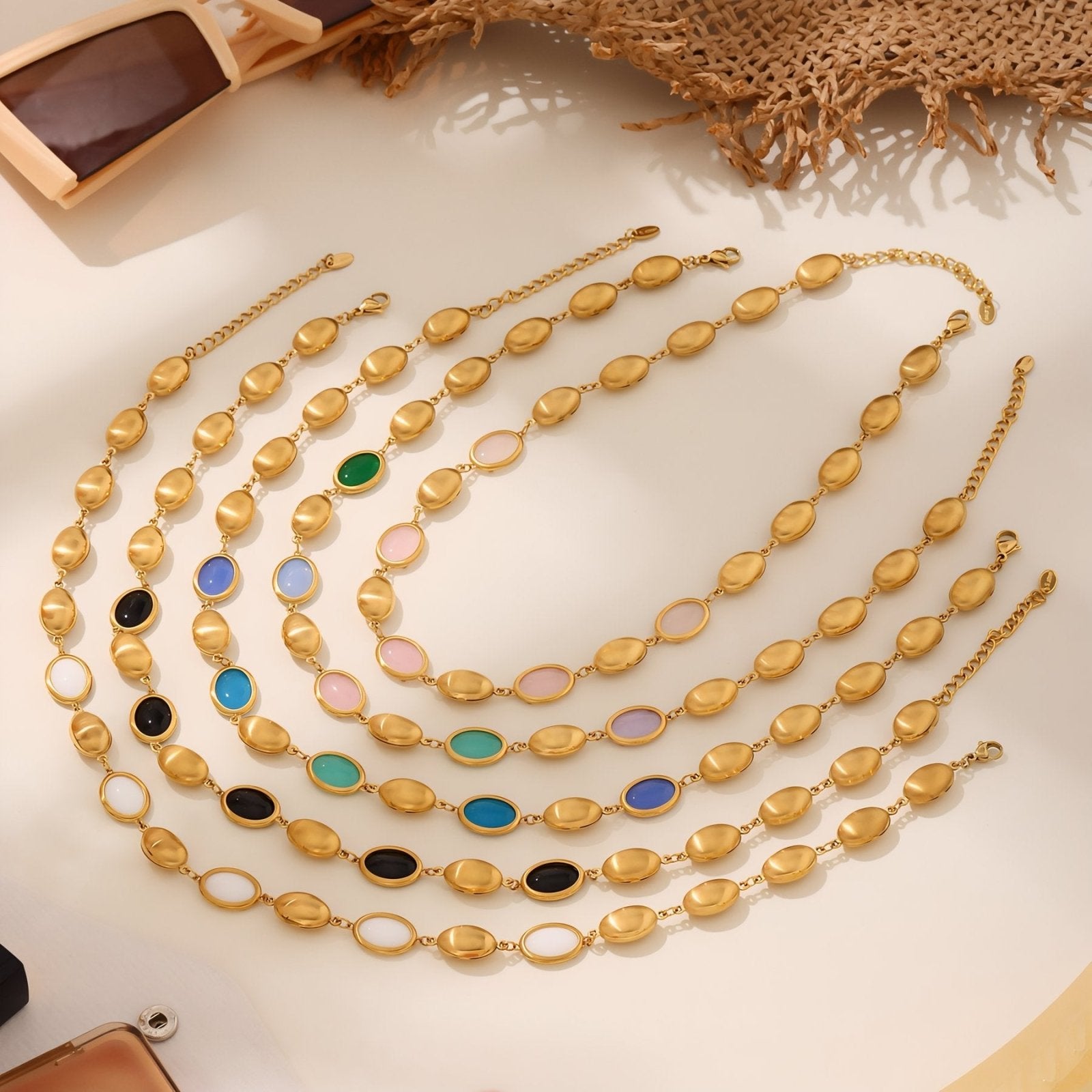 Collier doré femme, pierres ovales effet opale, acier inoxydable plaqué or 18K