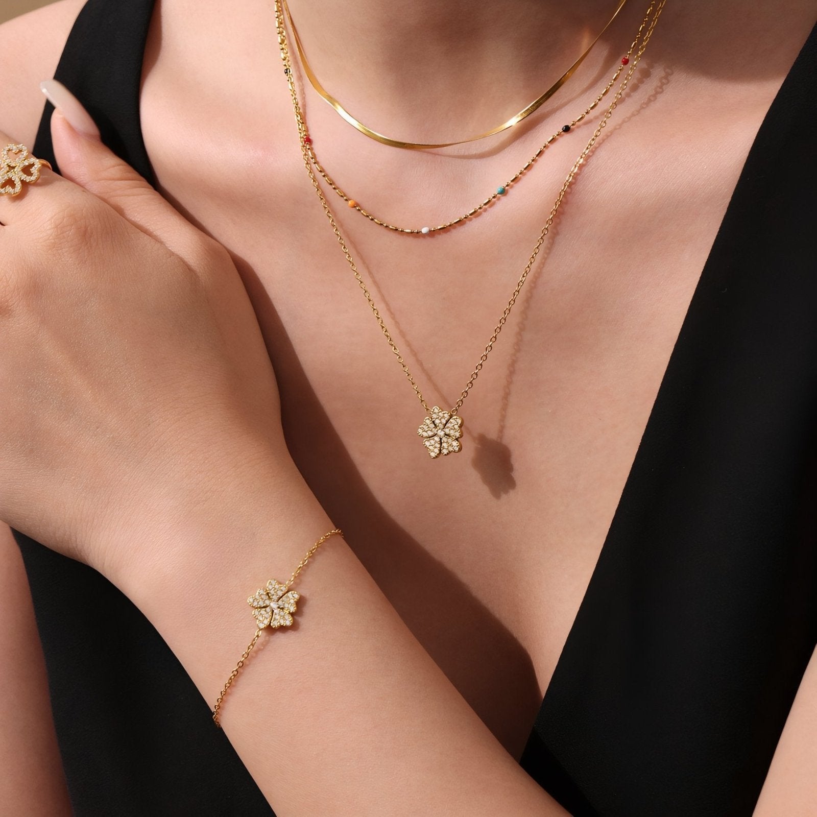 Collier doré porte - bonheur femme, trèfle zircon cubique, maille délicate acier inoxydable plaqué or 18K