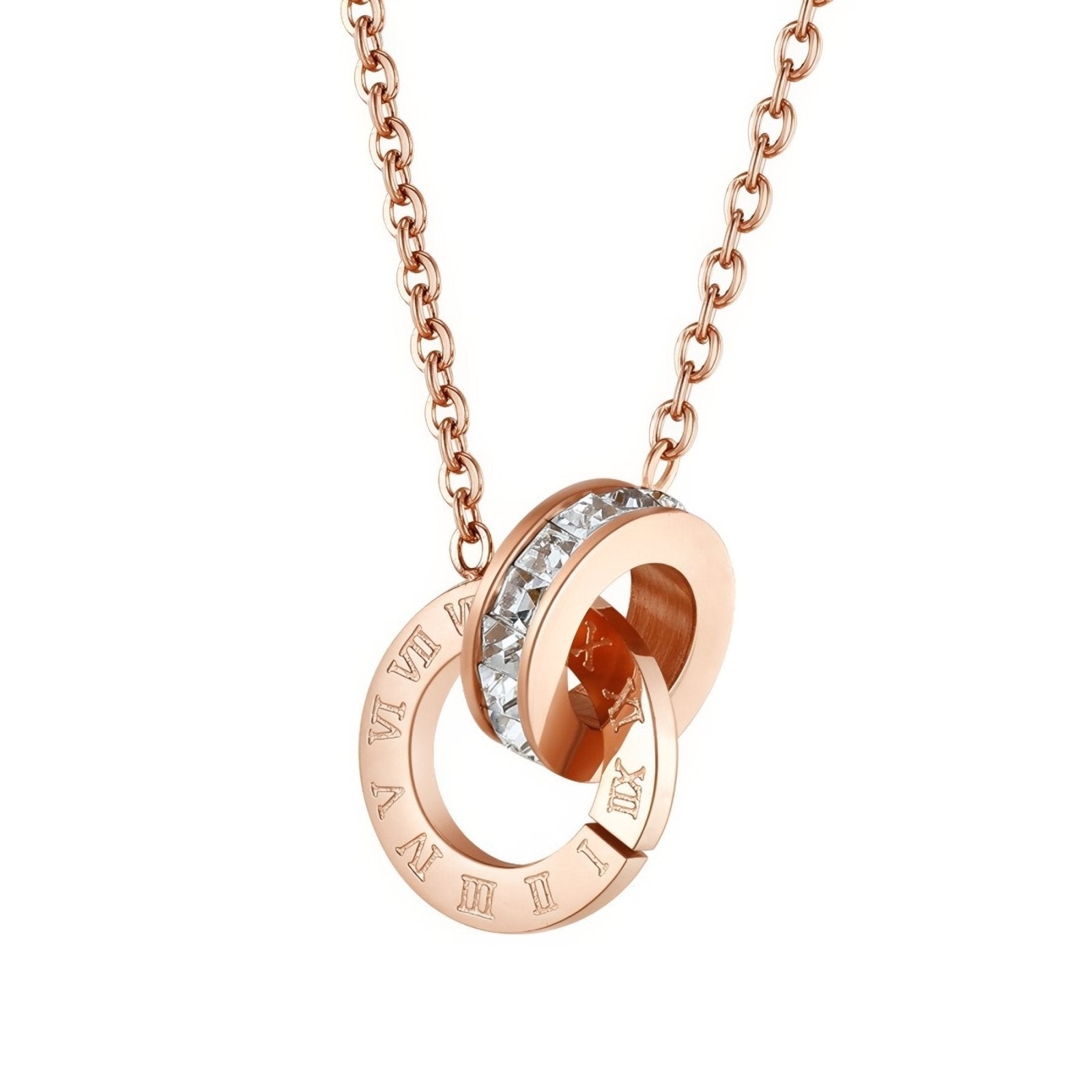 Collier double anneau entrelacé pour femme, chiffres romains et zircon, en acier inoxydable