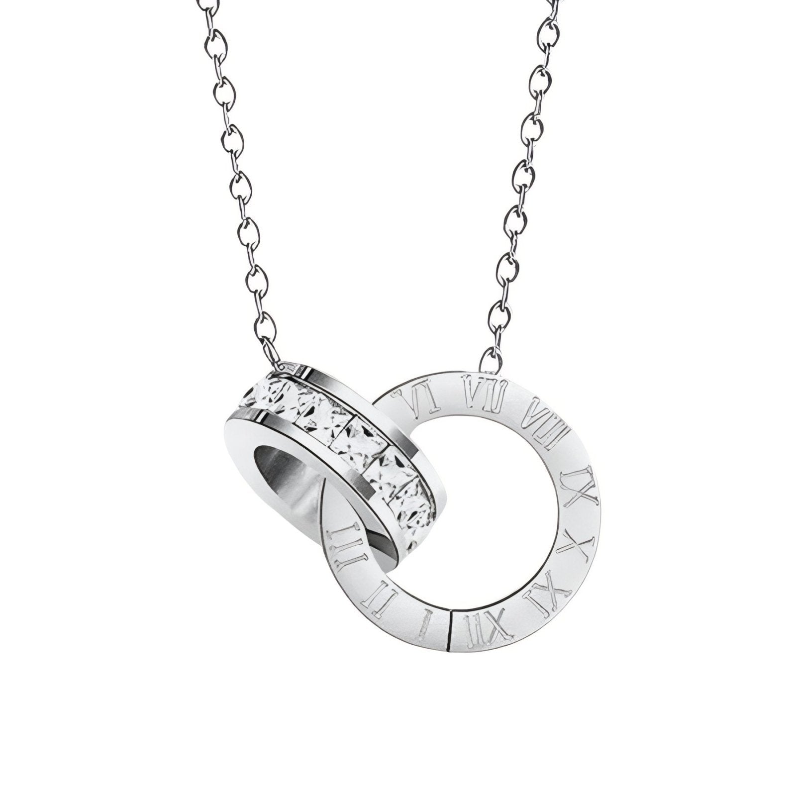 Collier double anneau entrelacé pour femme, chiffres romains et zircon, en acier inoxydable