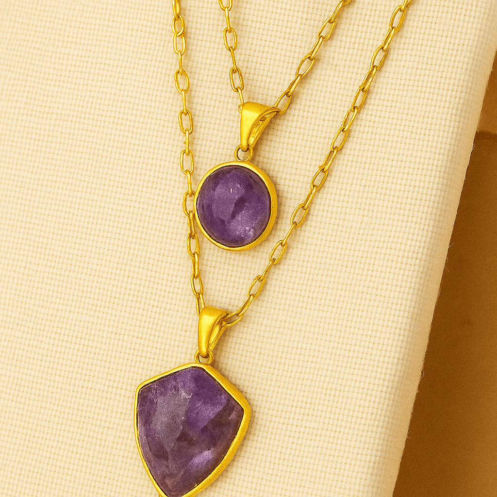 Collier double chaîne fine dorée, pendentifs en labradorite ou améthyste, style bohème, modèle Dione