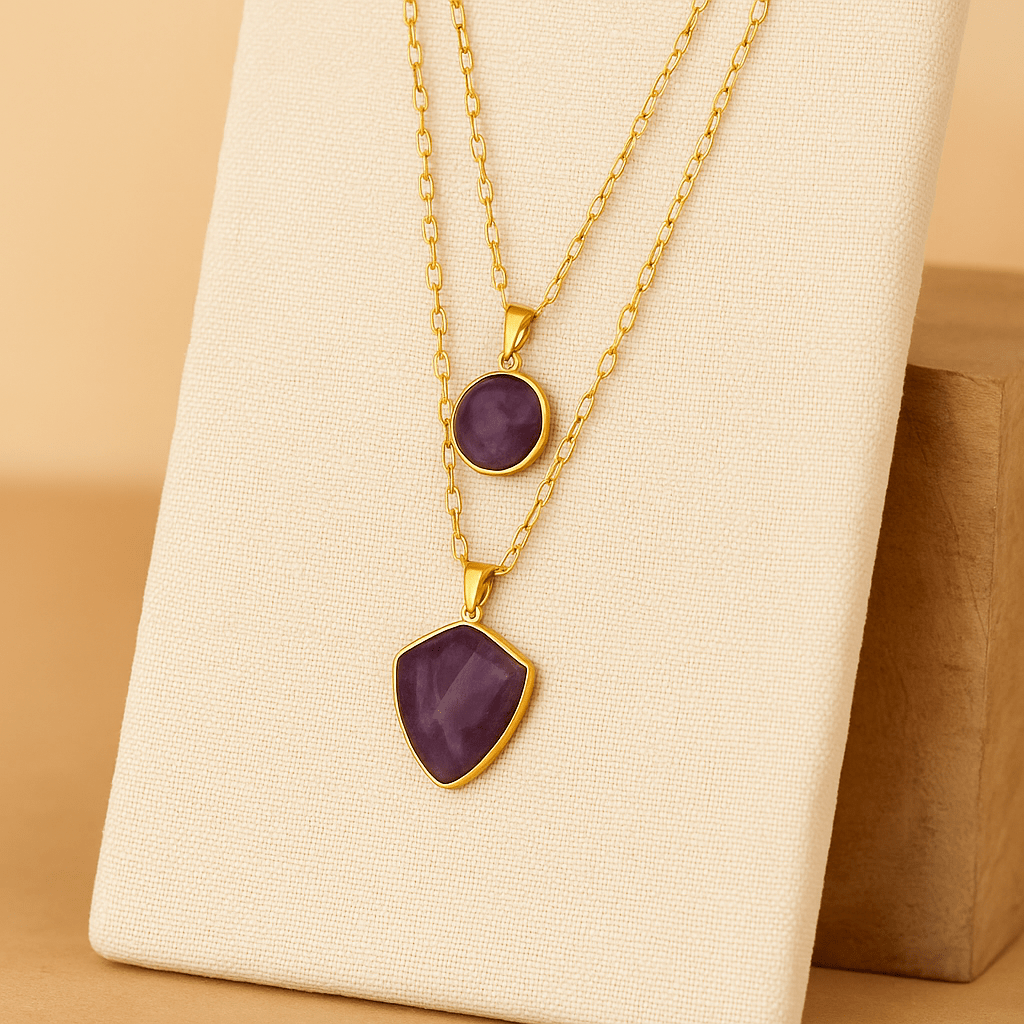 Collier double chaîne fine dorée, pendentifs en labradorite ou améthyste, style bohème, modèle Dione