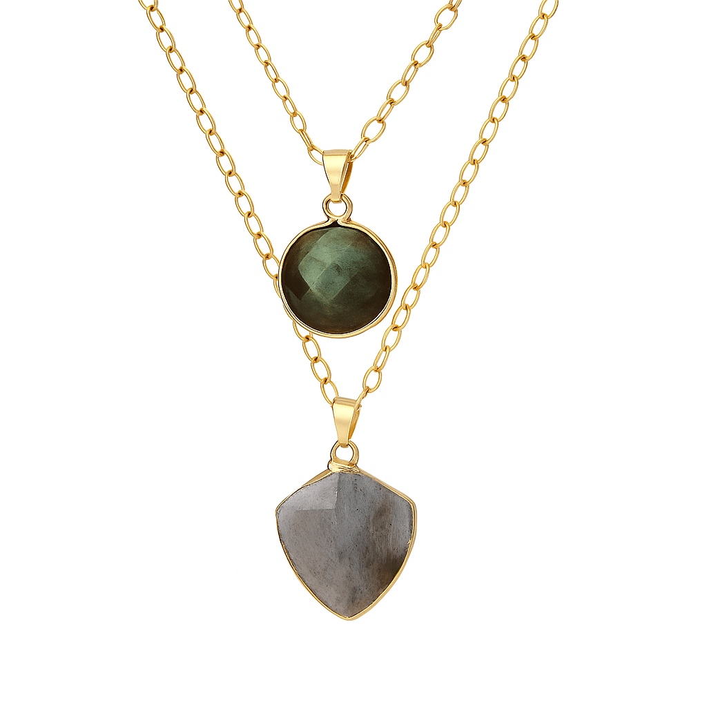 Collier double chaîne fine dorée, pendentifs en labradorite ou améthyste, style bohème, modèle Dione