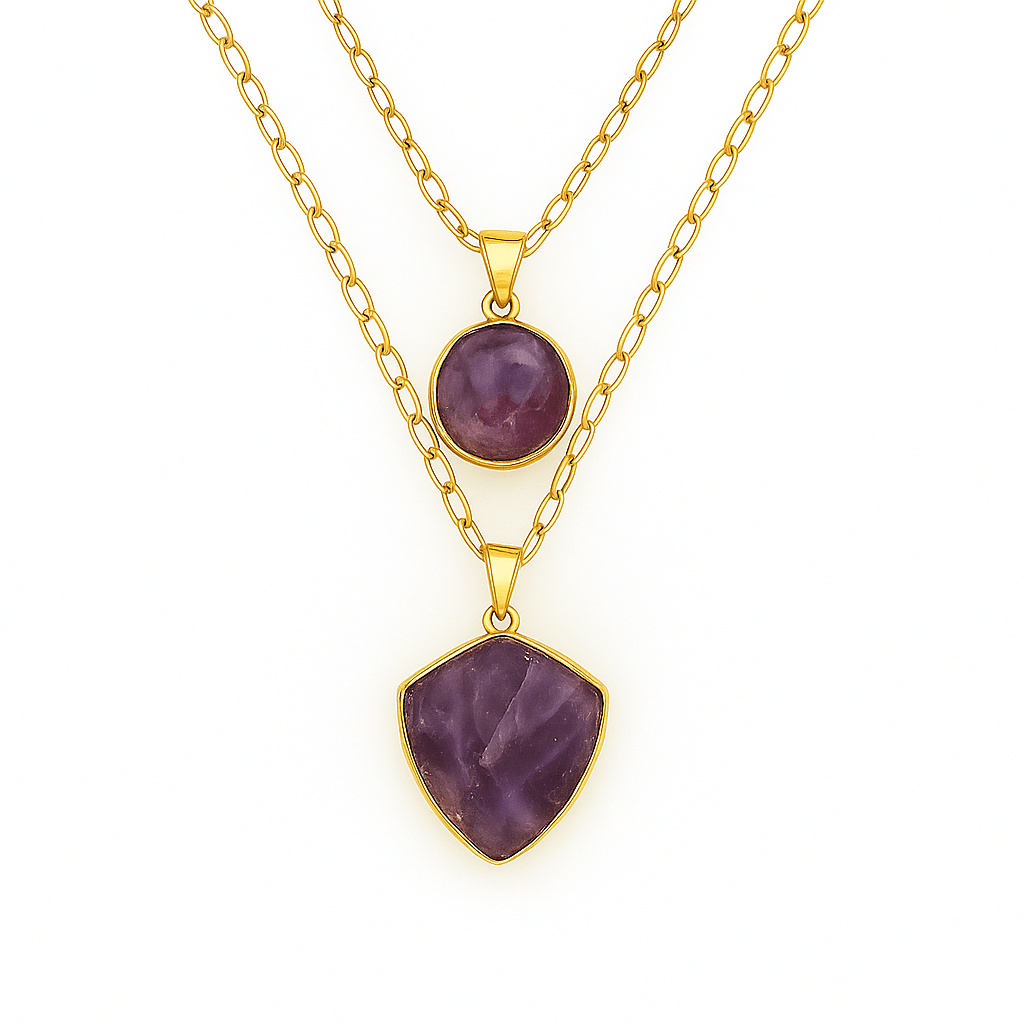 Collier double chaîne fine dorée, pendentifs en labradorite ou améthyste, style bohème, modèle Dione