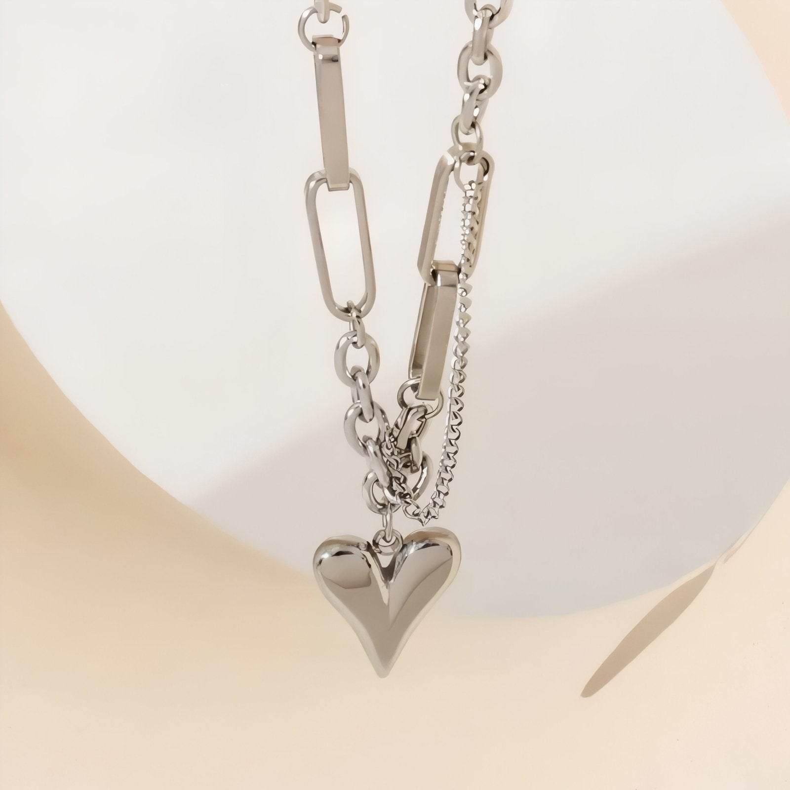 Collier double chaîne pour femme, avec pendentif cœur, en acier inoxydable