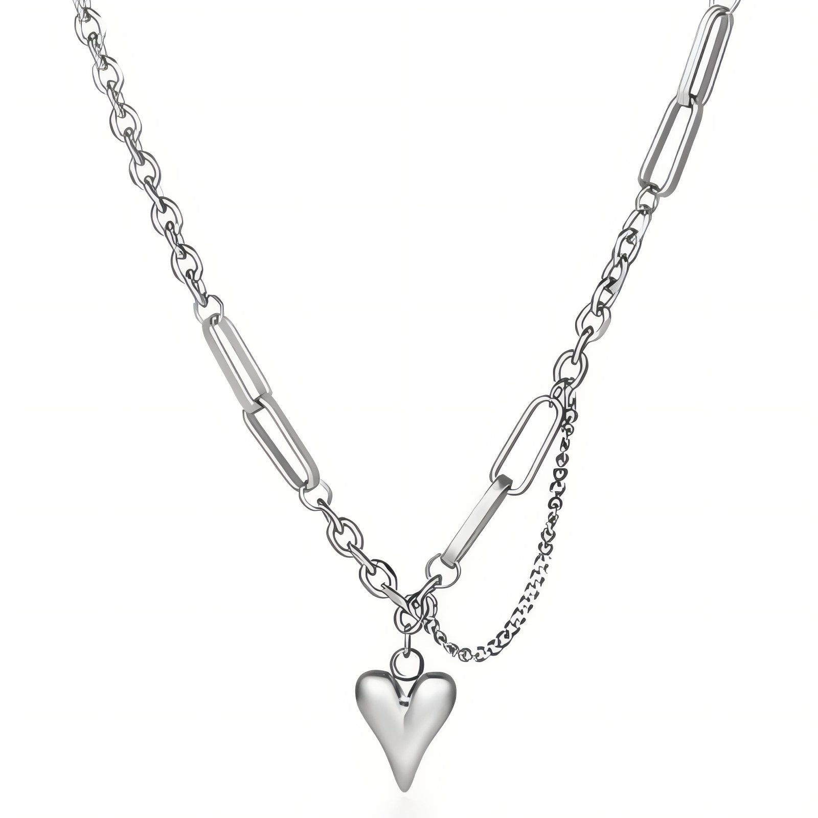 Collier double chaîne pour femme, avec pendentif cœur, en acier inoxydable