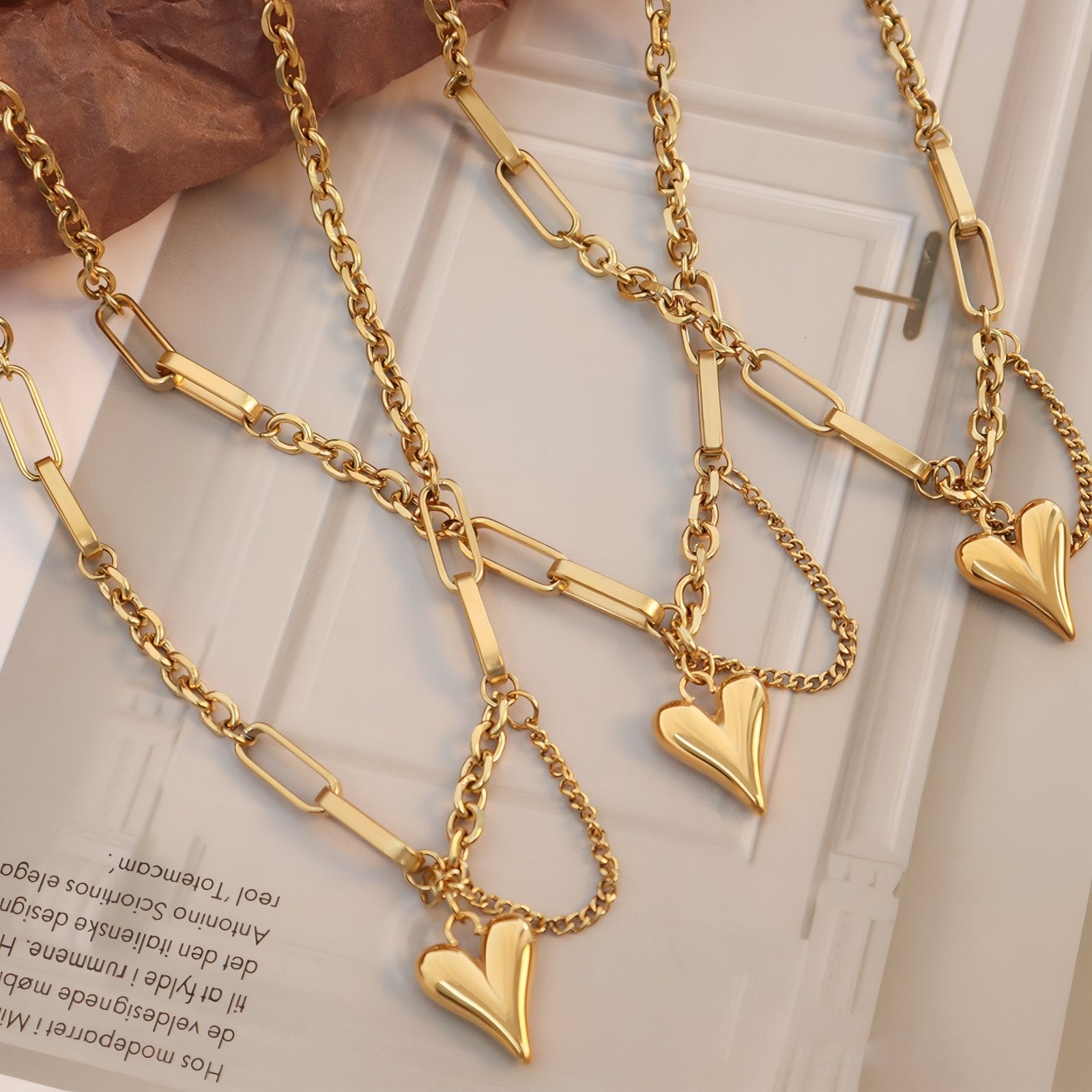 Collier double chaîne pour femme, avec pendentif cœur, en acier inoxydable