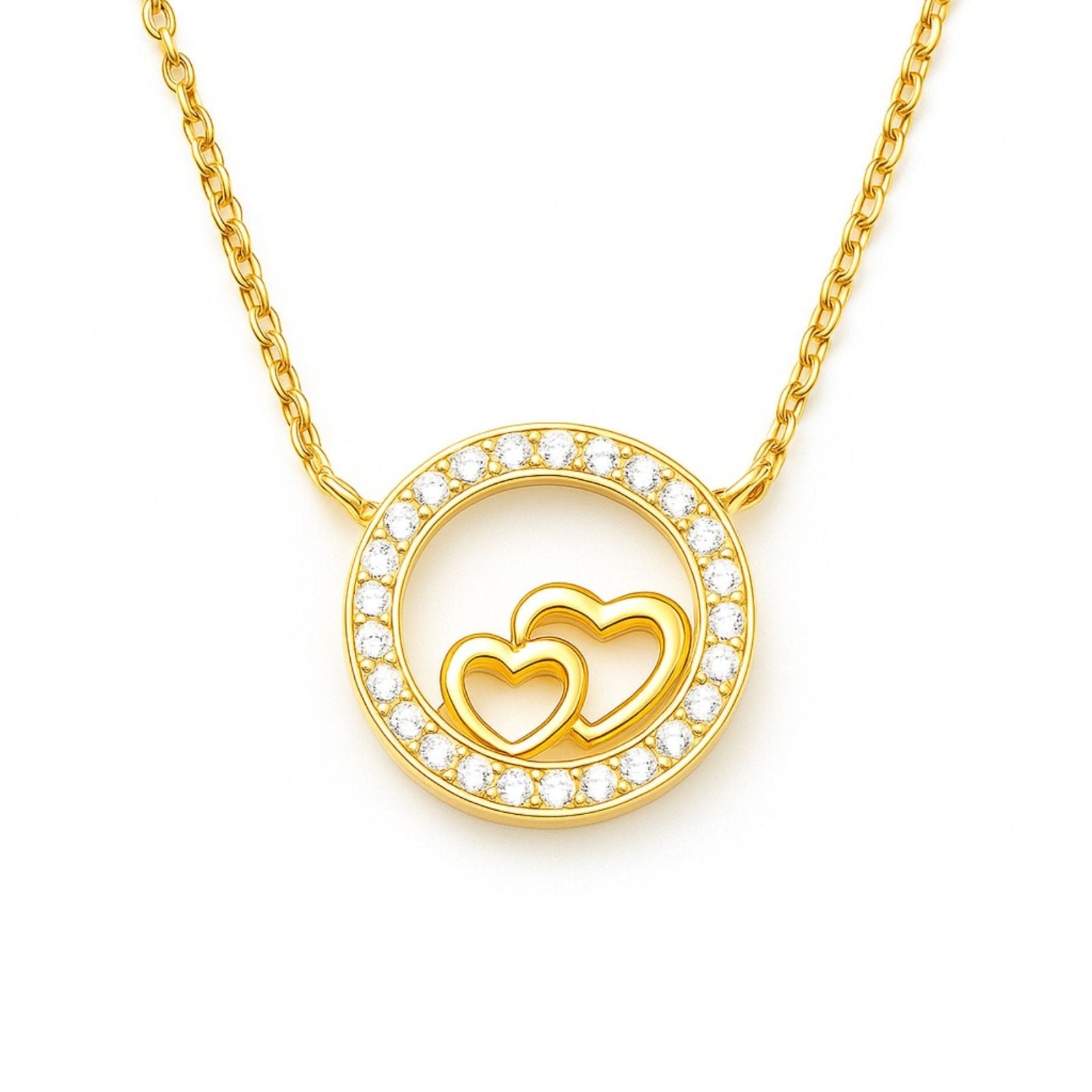 Collier double cœur, en argent 925 doré, cercle orné de zircons, modèle Dubois