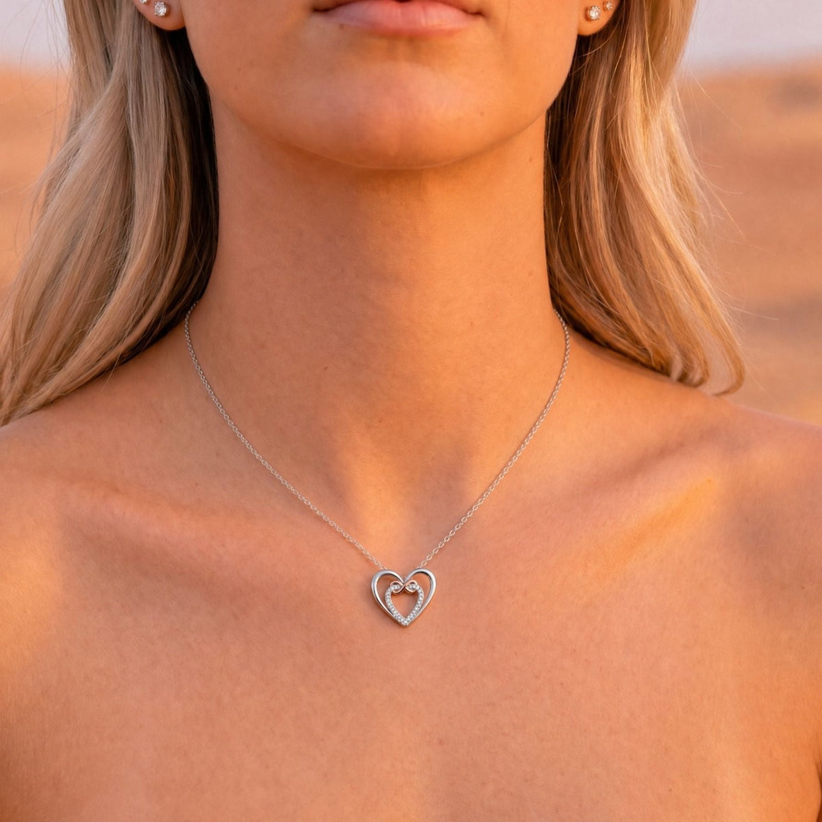 Collier double cœur et signe infini pour femme, en argent 925, finition bicolore élégante