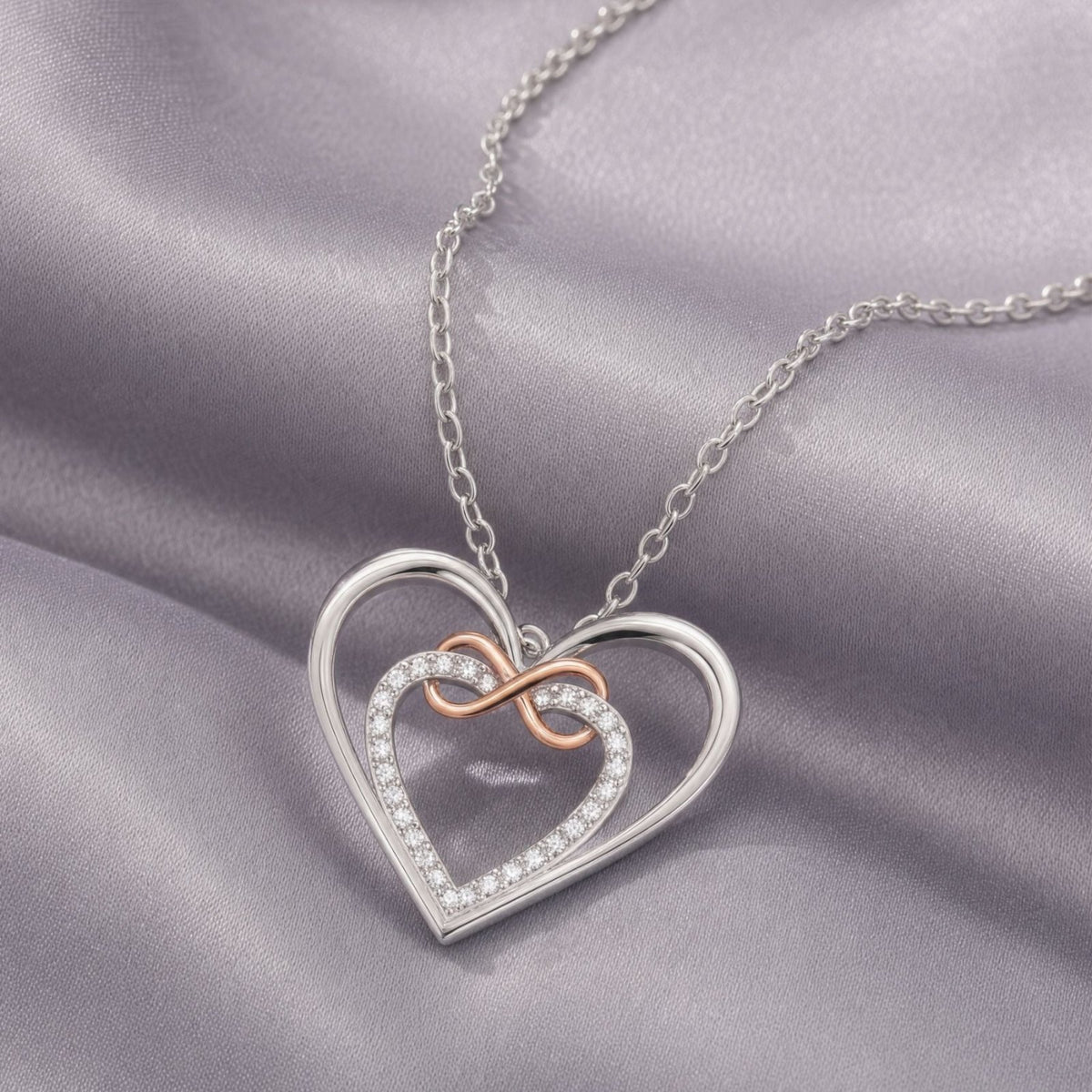 Collier double cœur et signe infini pour femme, en argent 925, finition bicolore élégante