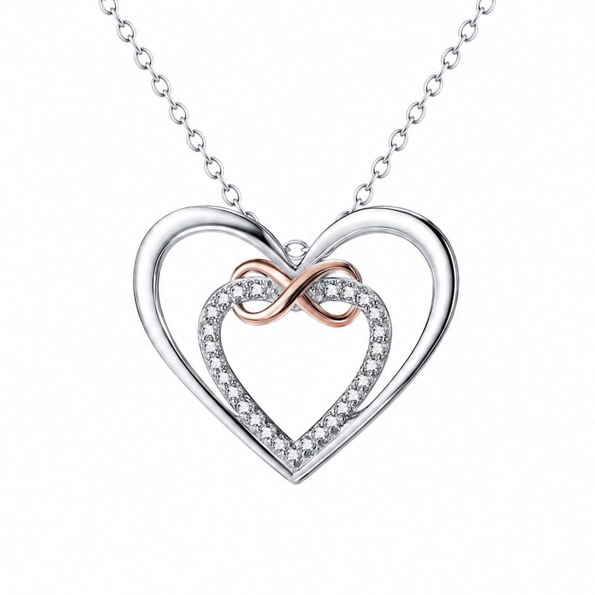 Collier double cœur et signe infini pour femme, en argent 925, finition bicolore élégante