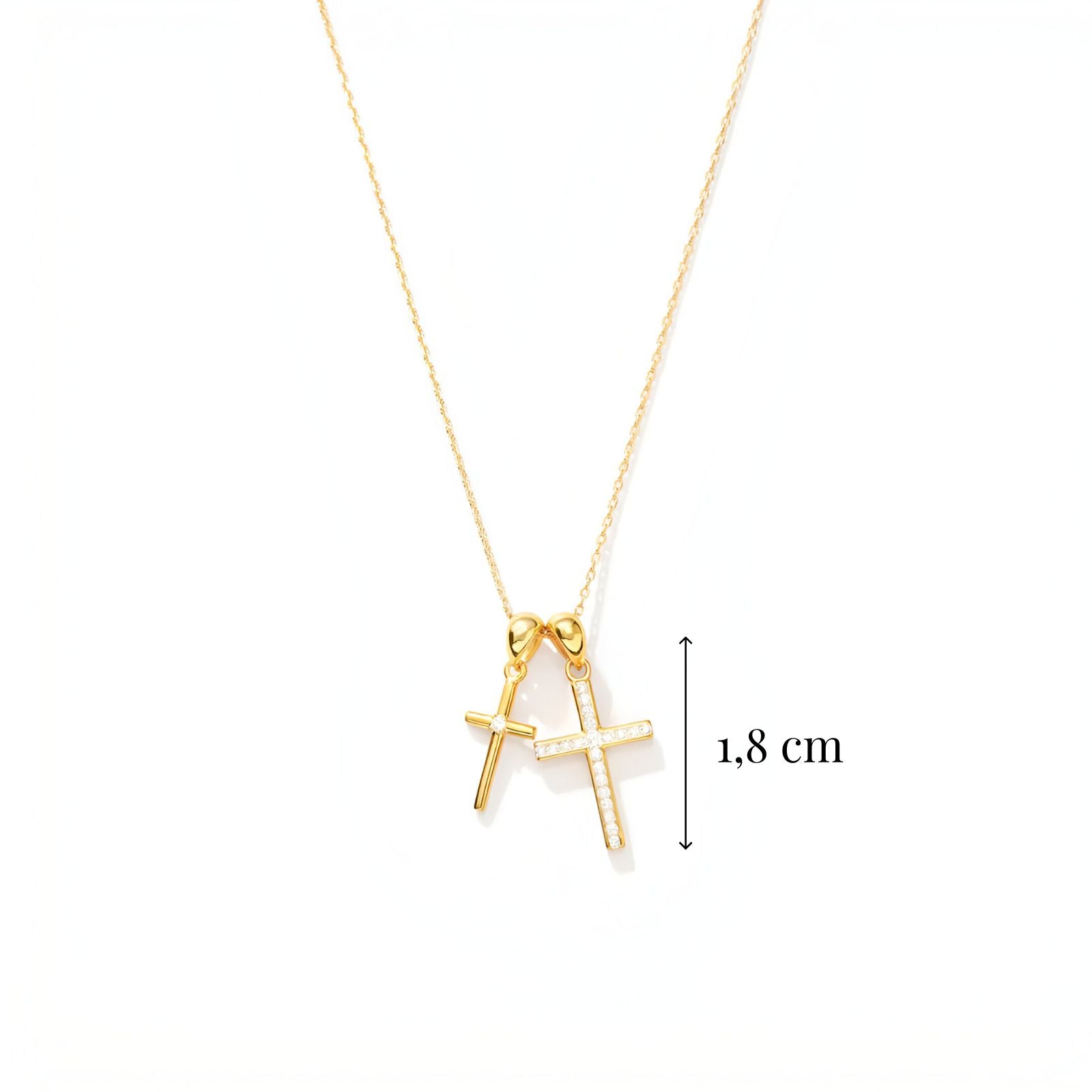 Collier double croix pour femme, en argent 925 plaqué or, pendentifs zircons et maille forçat fine, modèle Benedetta