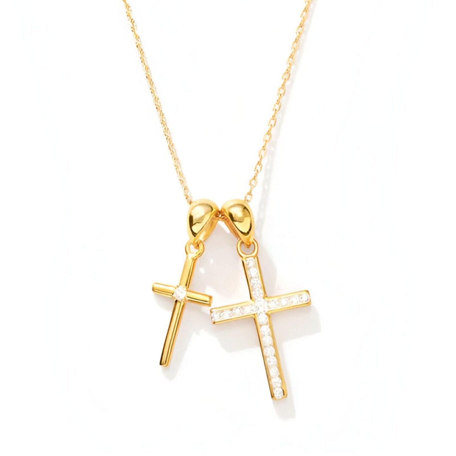 Collier double croix pour femme, en argent 925 plaqué or, pendentifs zircons et maille forçat fine, modèle Benedetta