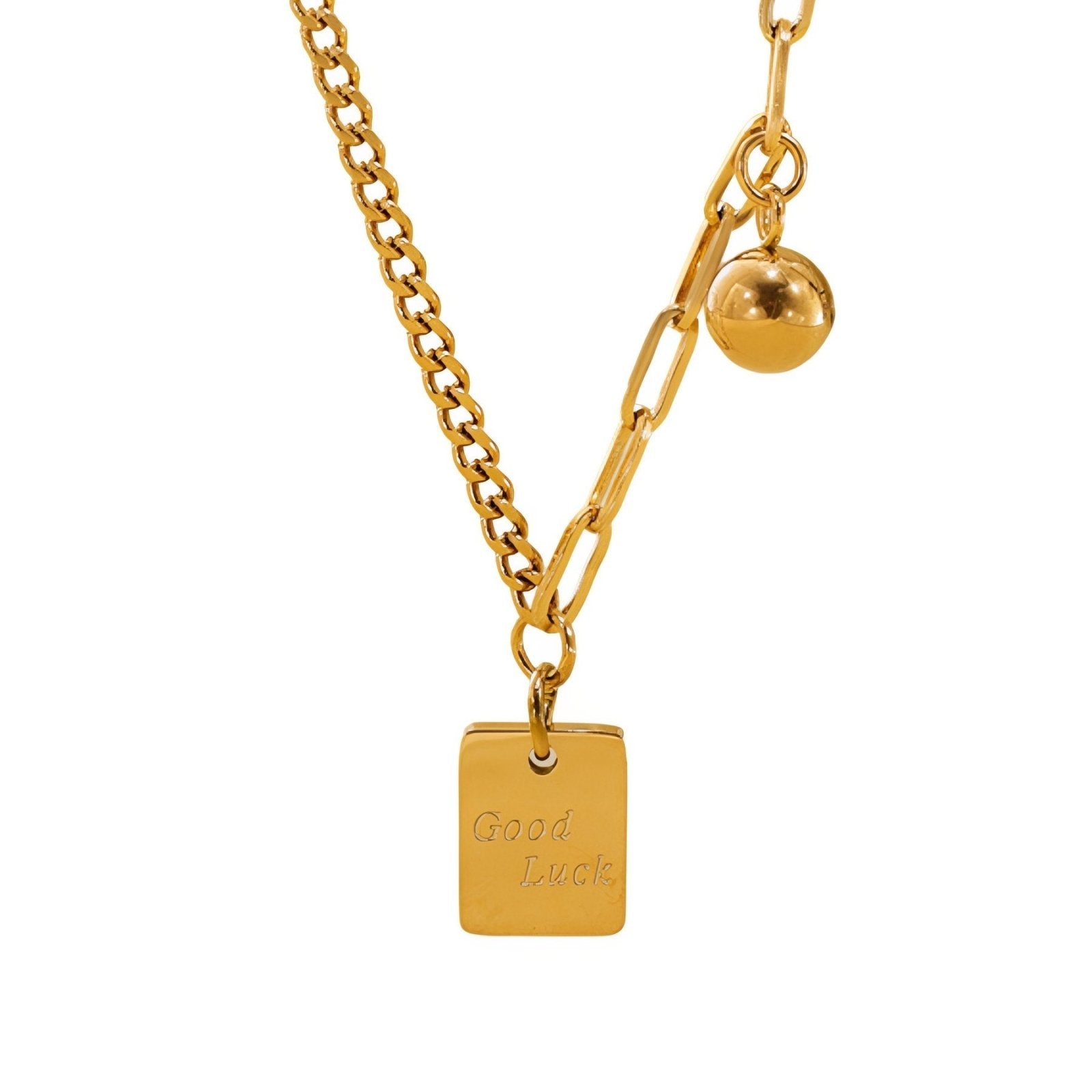 Collier double maille, pendentif porte bonheur gravure "Good Luck", en acier inoxydable plaqué or