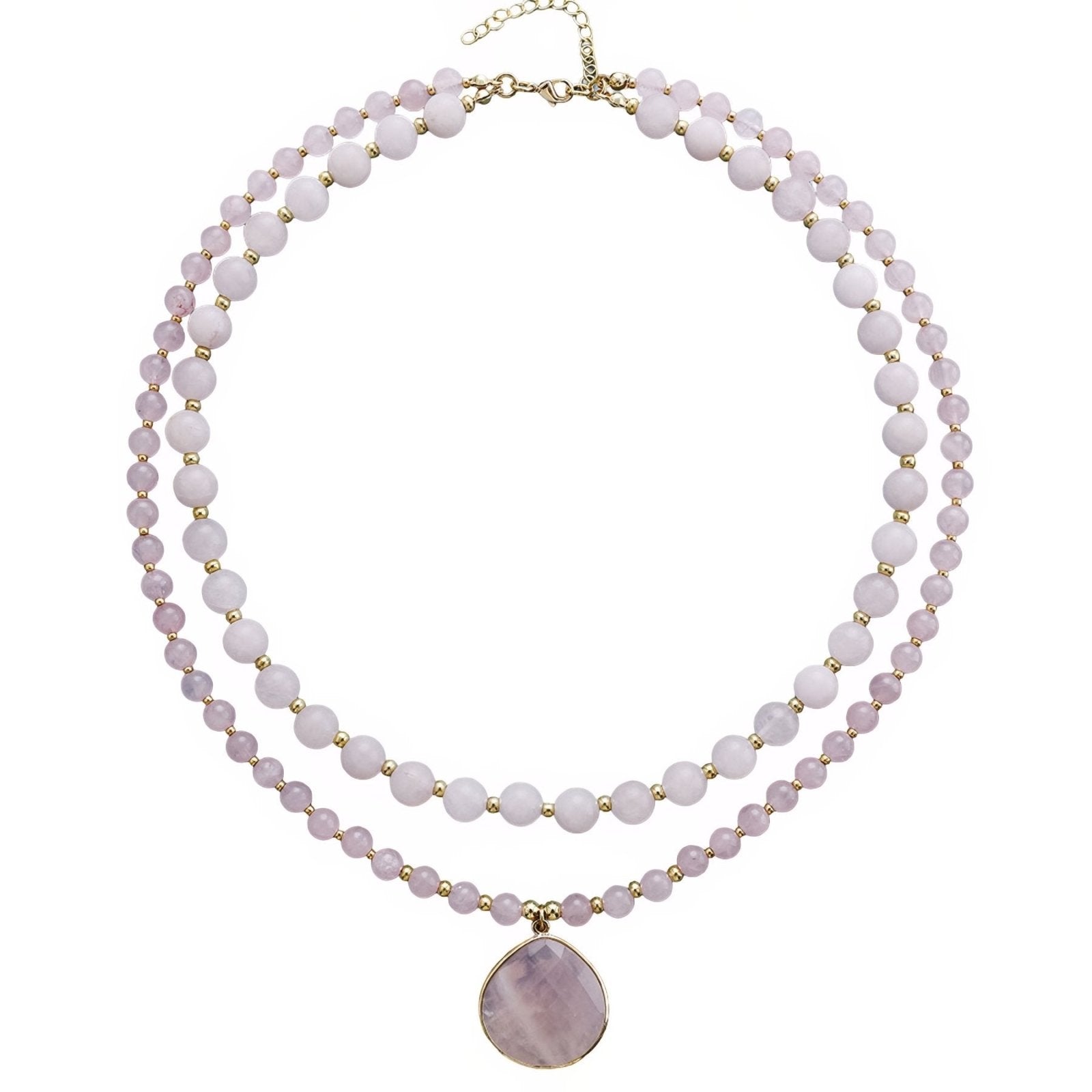 Collier double rang en pierres naturelles, aventurine, quartz rose ou oeil de tigre, pendentif cœur ou médaillon doré