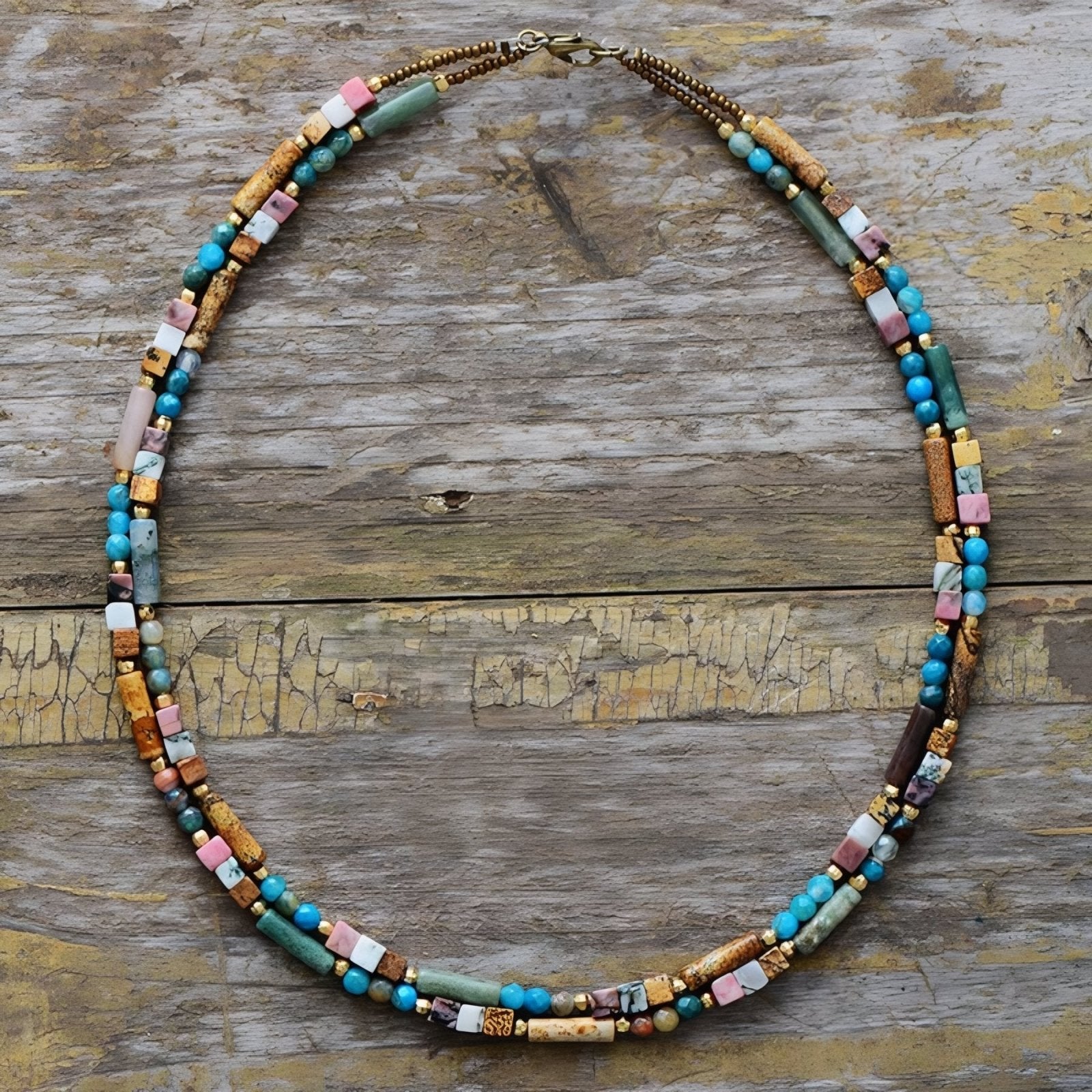 Collier double rang en pierres naturelles, perles multicolores esprit bohème, avec turquoise, quartz rose, amazonite et jaspe