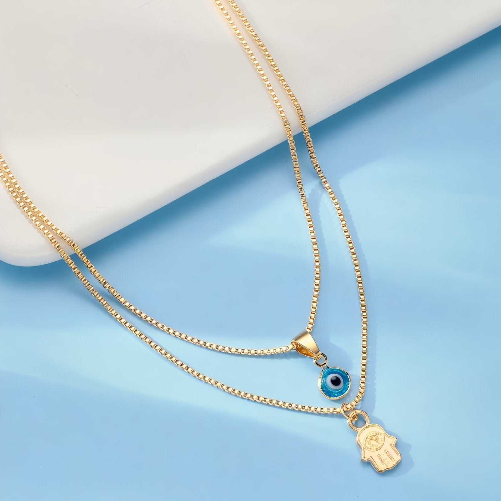 Collier double rang, œil protecteur et main de fatma, style protecteur, modèle Brooklyn