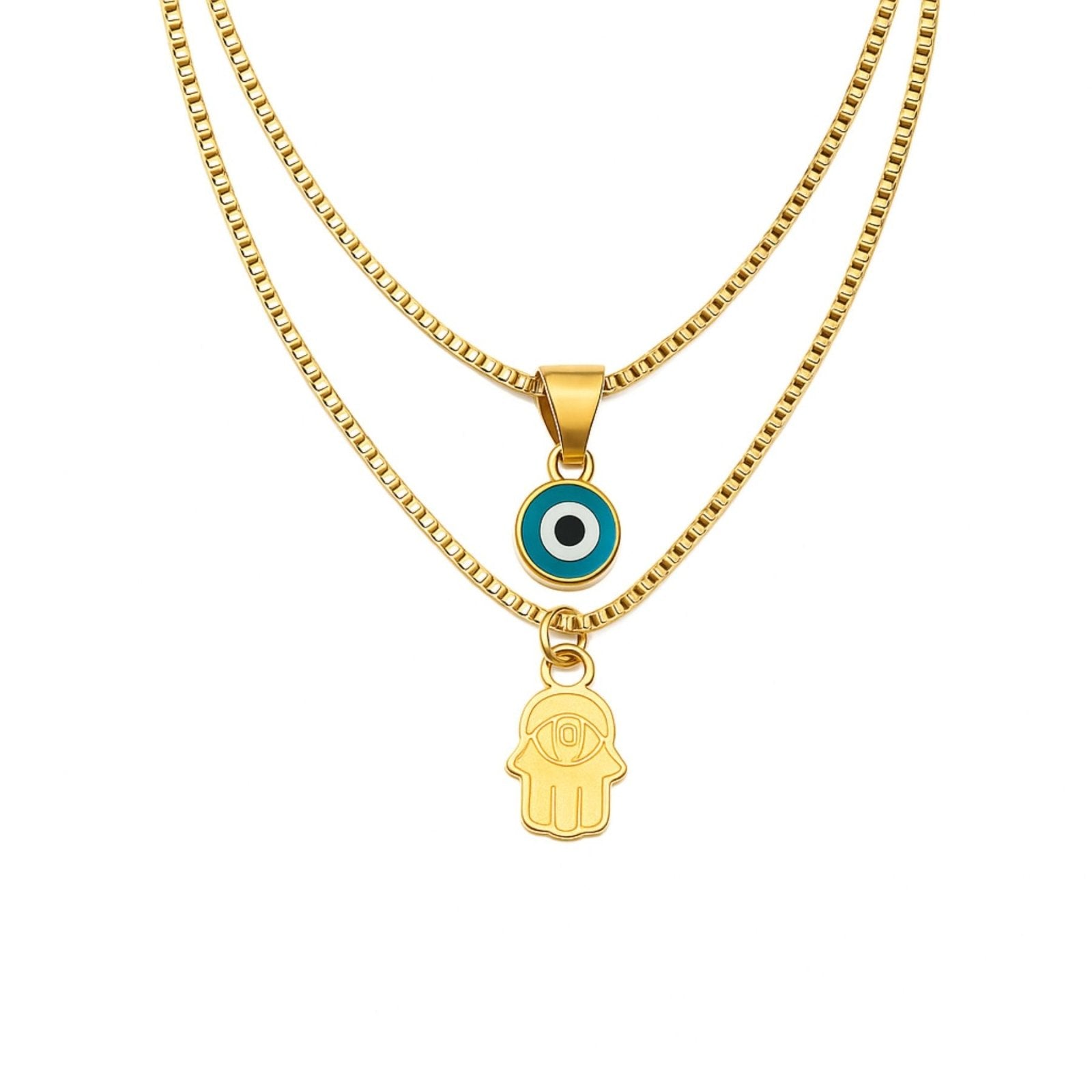 Collier double rang, œil protecteur et main de fatma, style protecteur, modèle Brooklyn