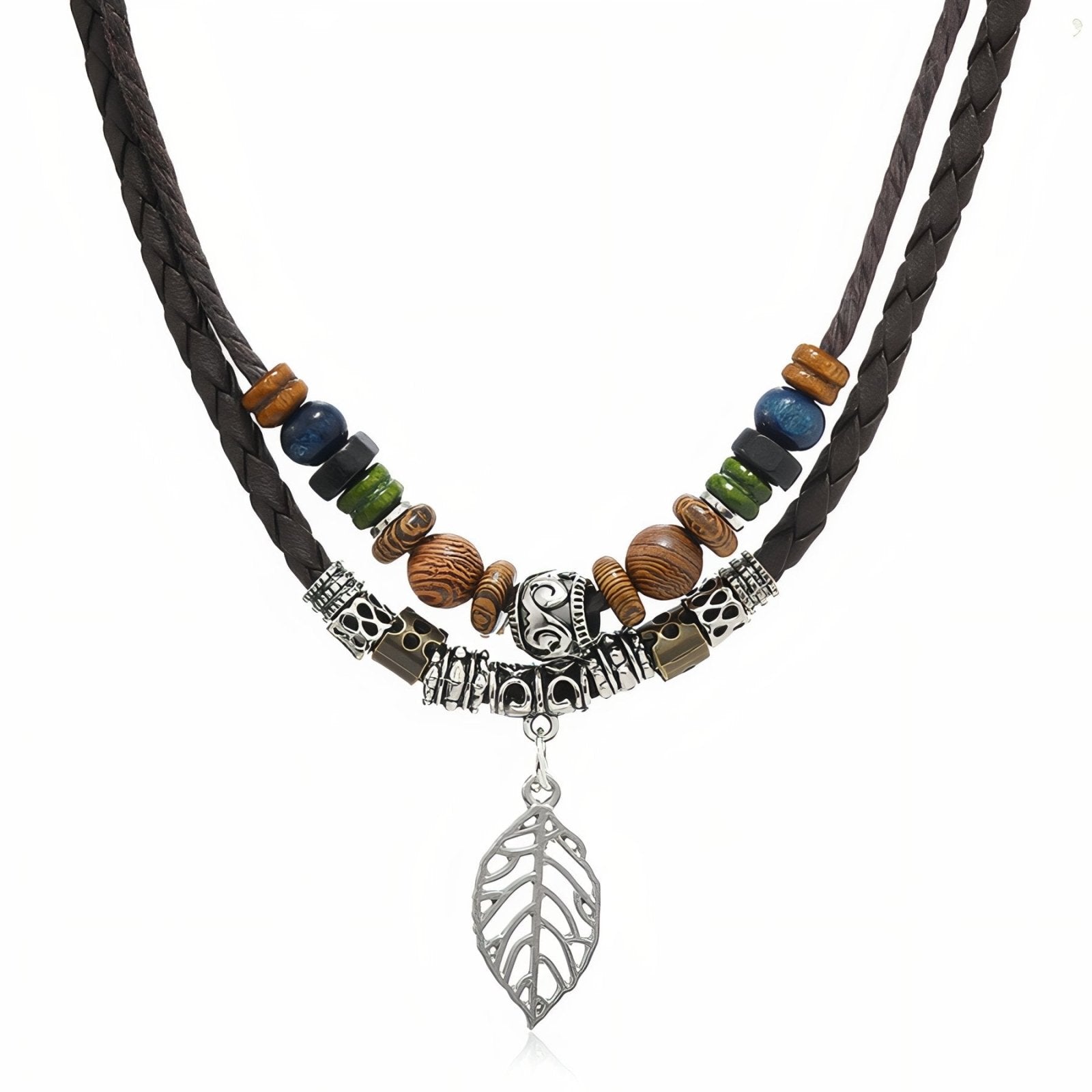 Collier double rangs bohème unisexe, cuir tressé, perles en bois et pendentif feuille argent