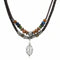 Collier double rangs bohème unisexe, cuir tressé, perles en bois et pendentif feuille argent