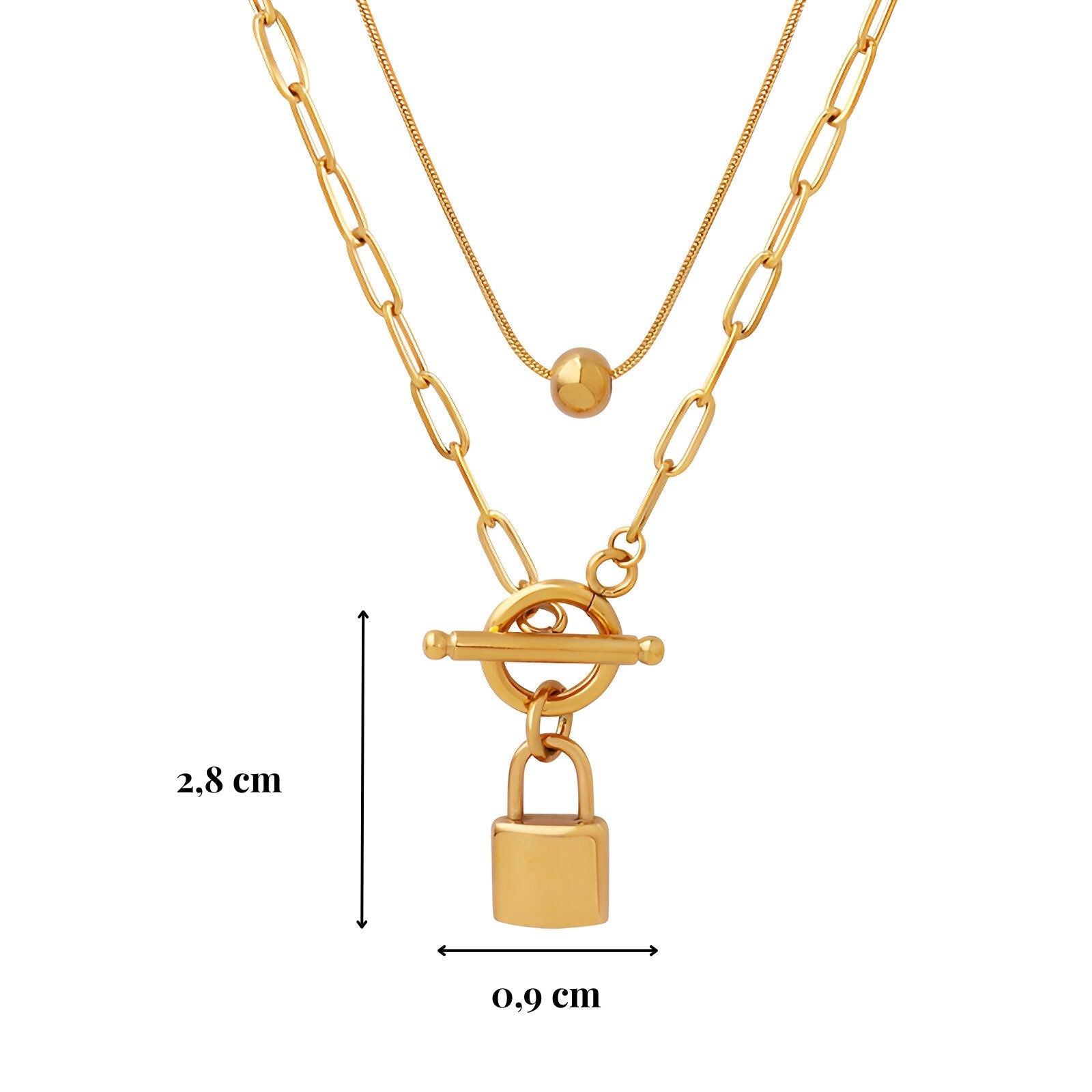 Collier double rangs doré en acier inoxydable, maille rectangulaire et pendentif cadenas pour femme, modèle Aria