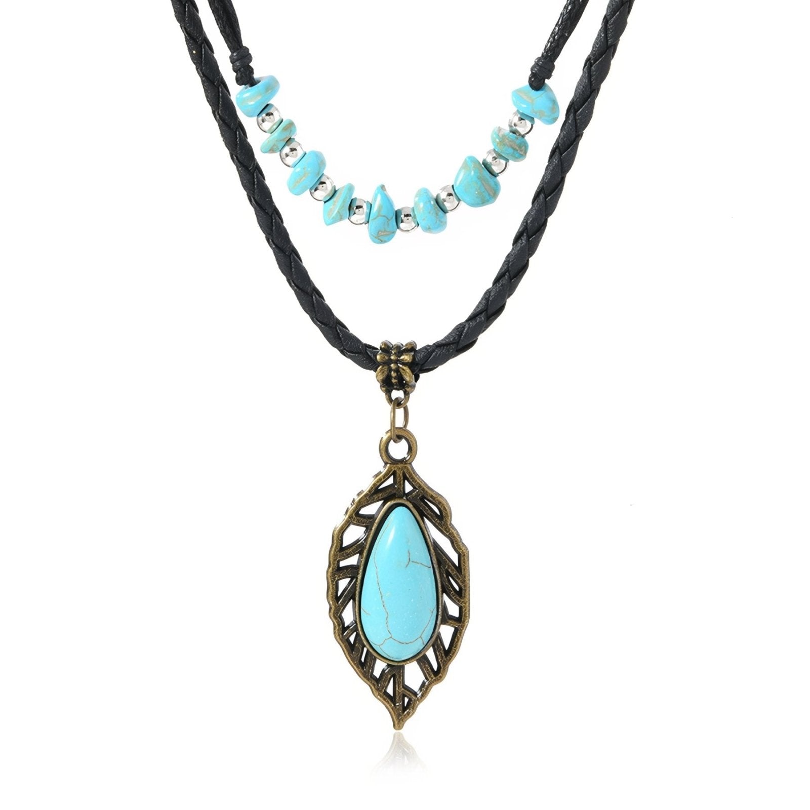 Collier double rangs femme, perles turquoise et pendentif feuille, style hippie et bohème