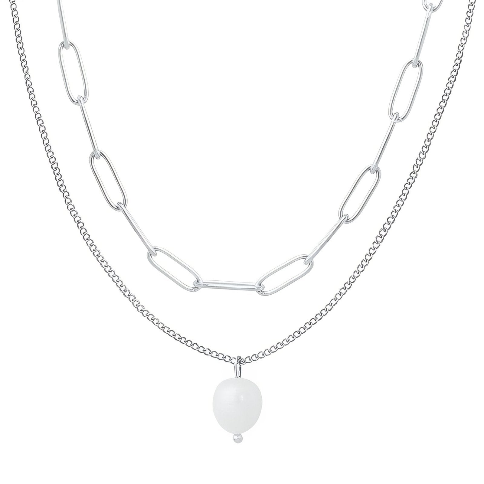 Collier double rangs pour femme, avec perle d’eau douce, en acier inoxydable, style moderne