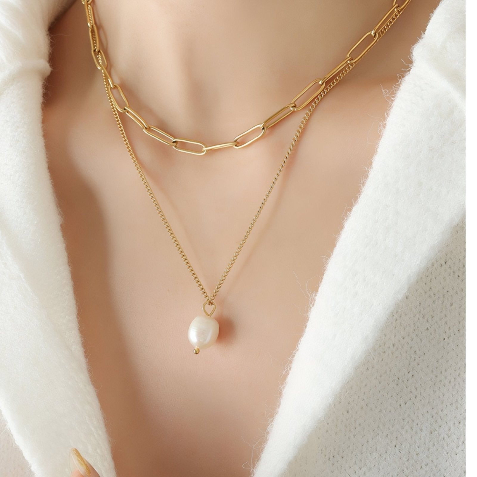 Collier double rangs pour femme, avec perle d’eau douce, en acier inoxydable, style moderne
