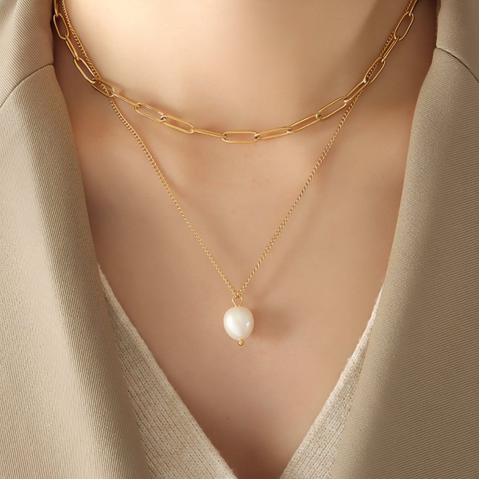 Collier double rangs pour femme, avec perle d’eau douce, en acier inoxydable, style moderne