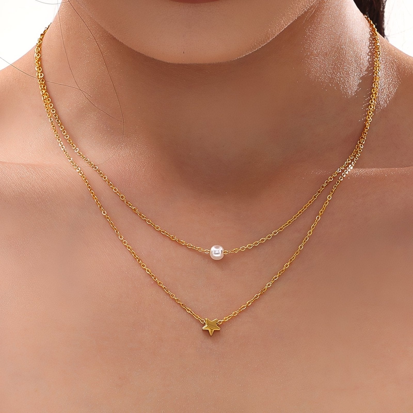 Collier double rangs pour femme, avec perle et pendentif étoile, en acier inoxydable