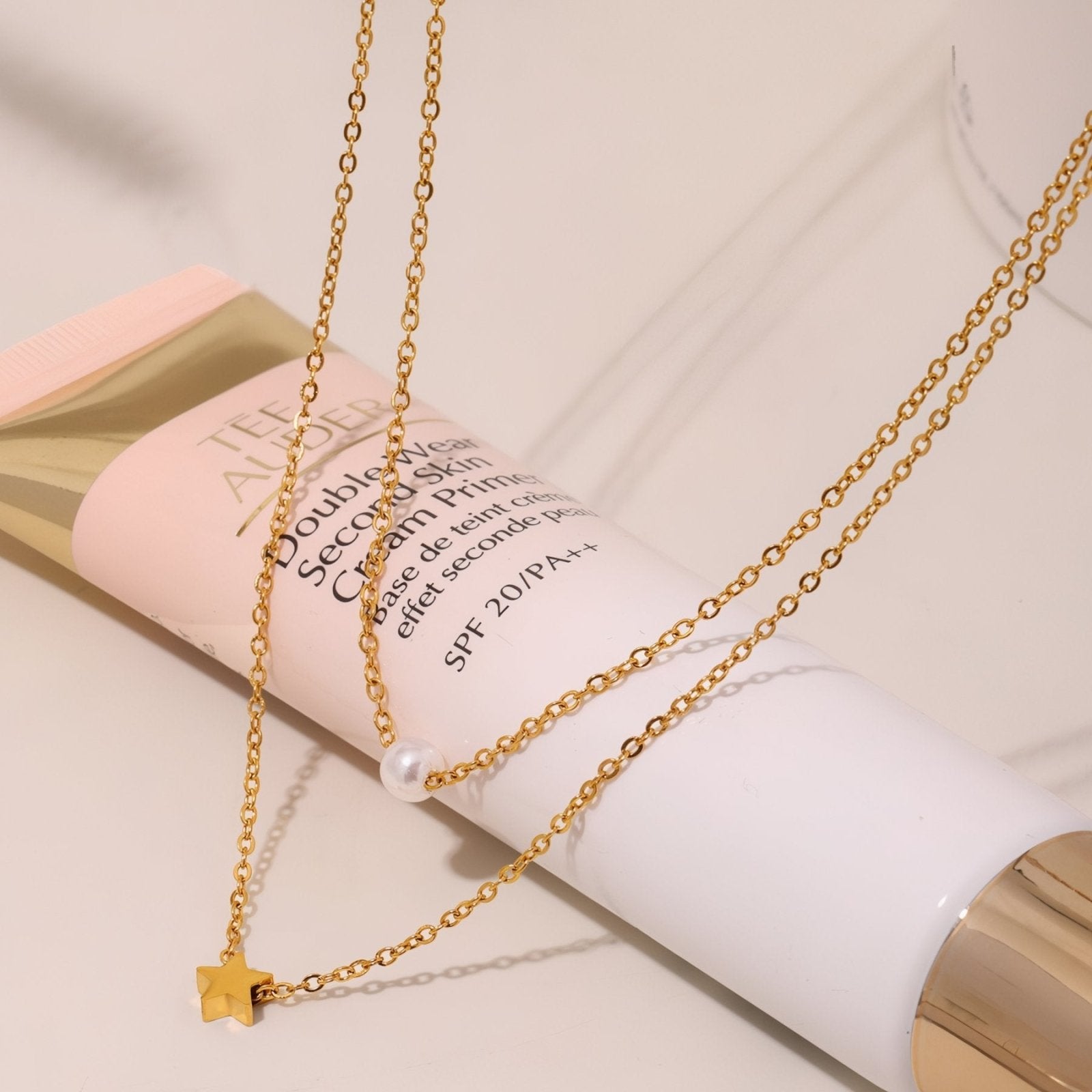 Collier double rangs pour femme, avec perle et pendentif étoile, en acier inoxydable