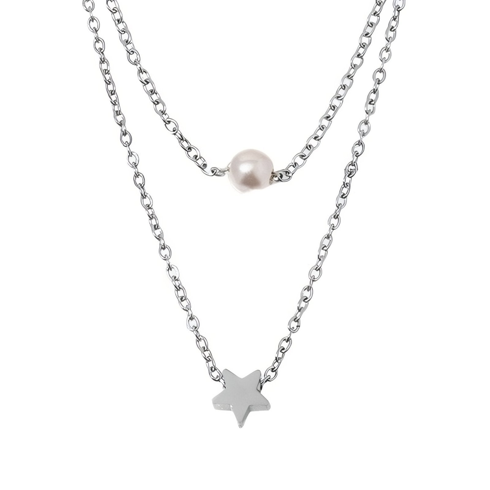 Collier double rangs pour femme, avec perle et pendentif étoile, en acier inoxydable
