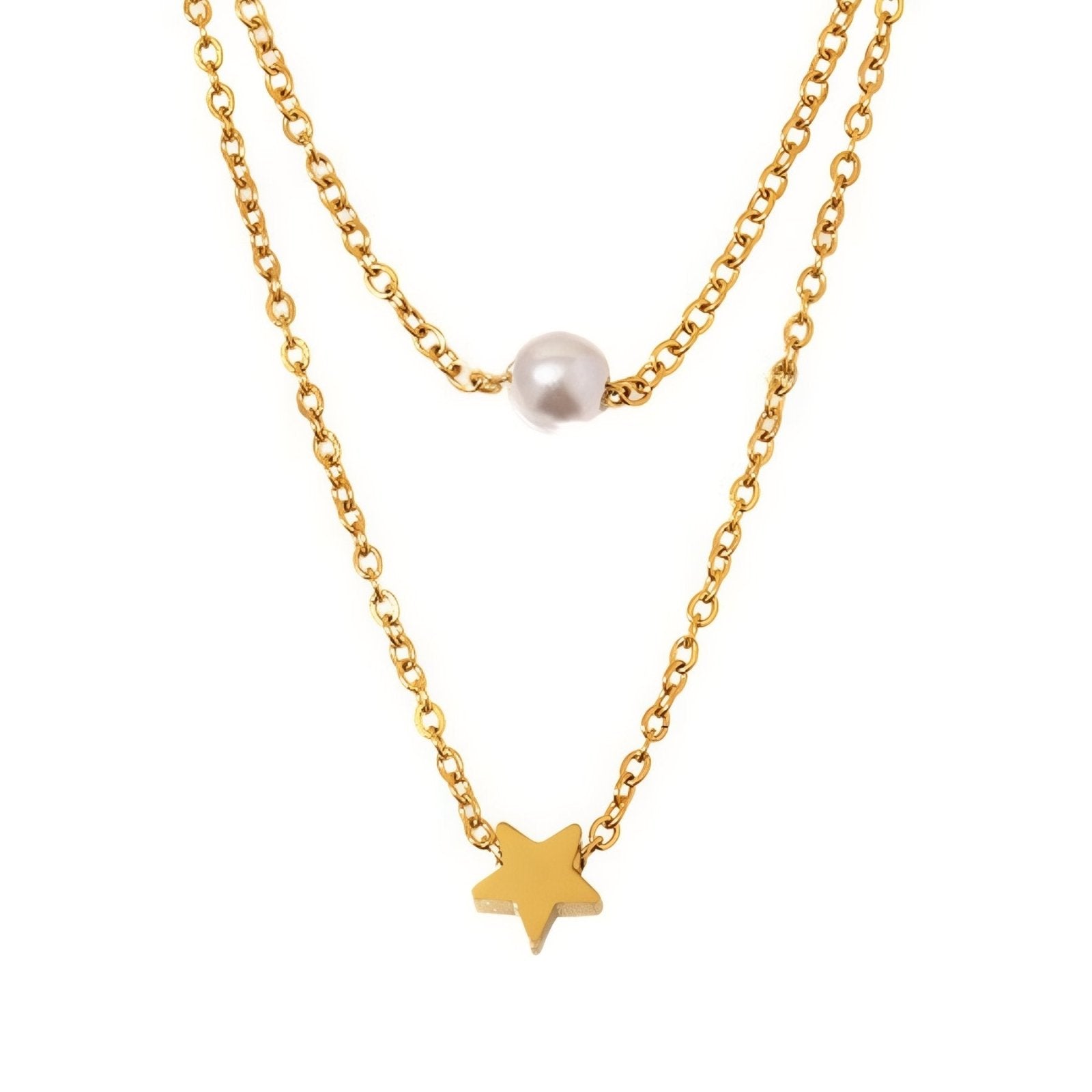 Collier double rangs pour femme, avec perle et pendentif étoile, en acier inoxydable