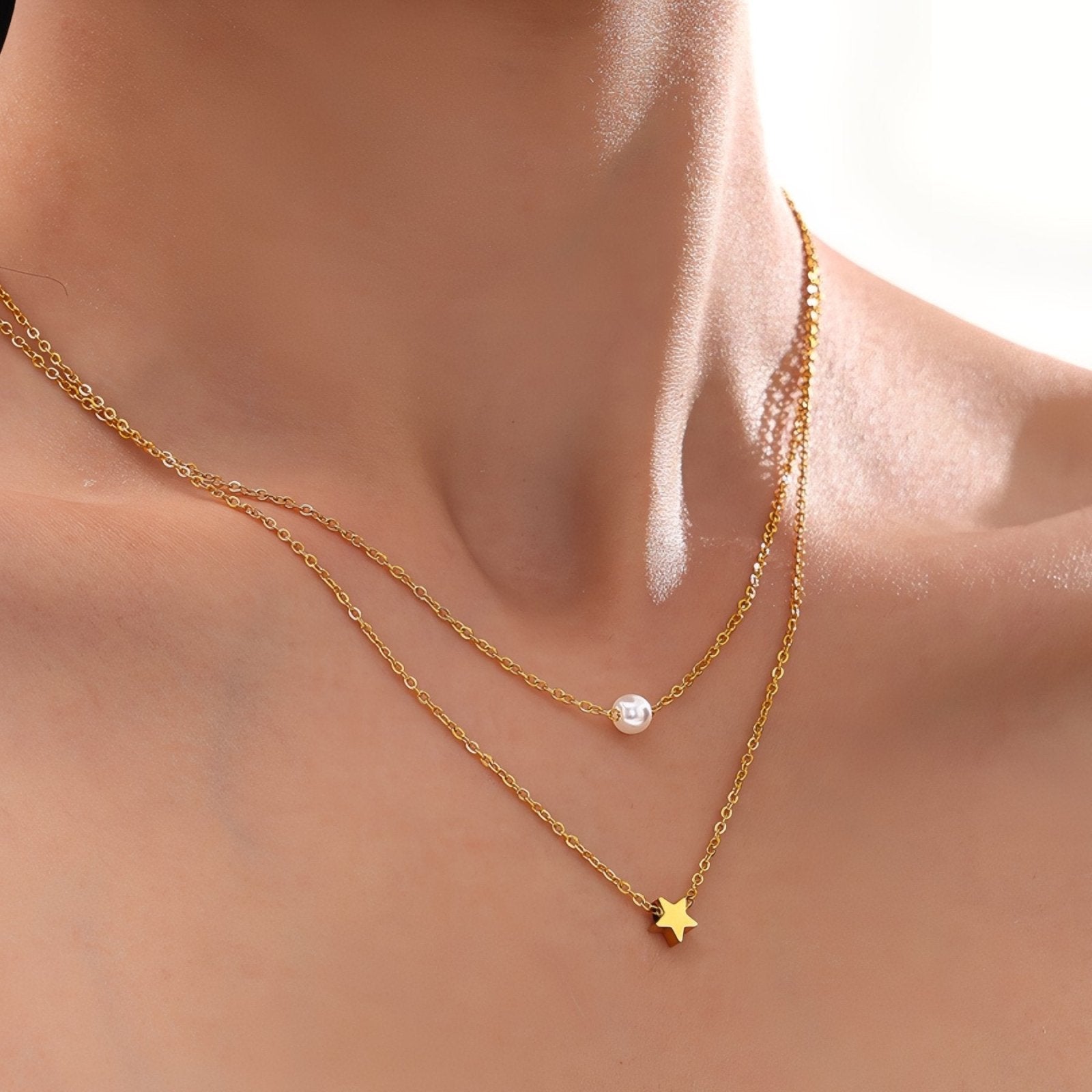 Collier double rangs pour femme, avec perle et pendentif étoile, en acier inoxydable