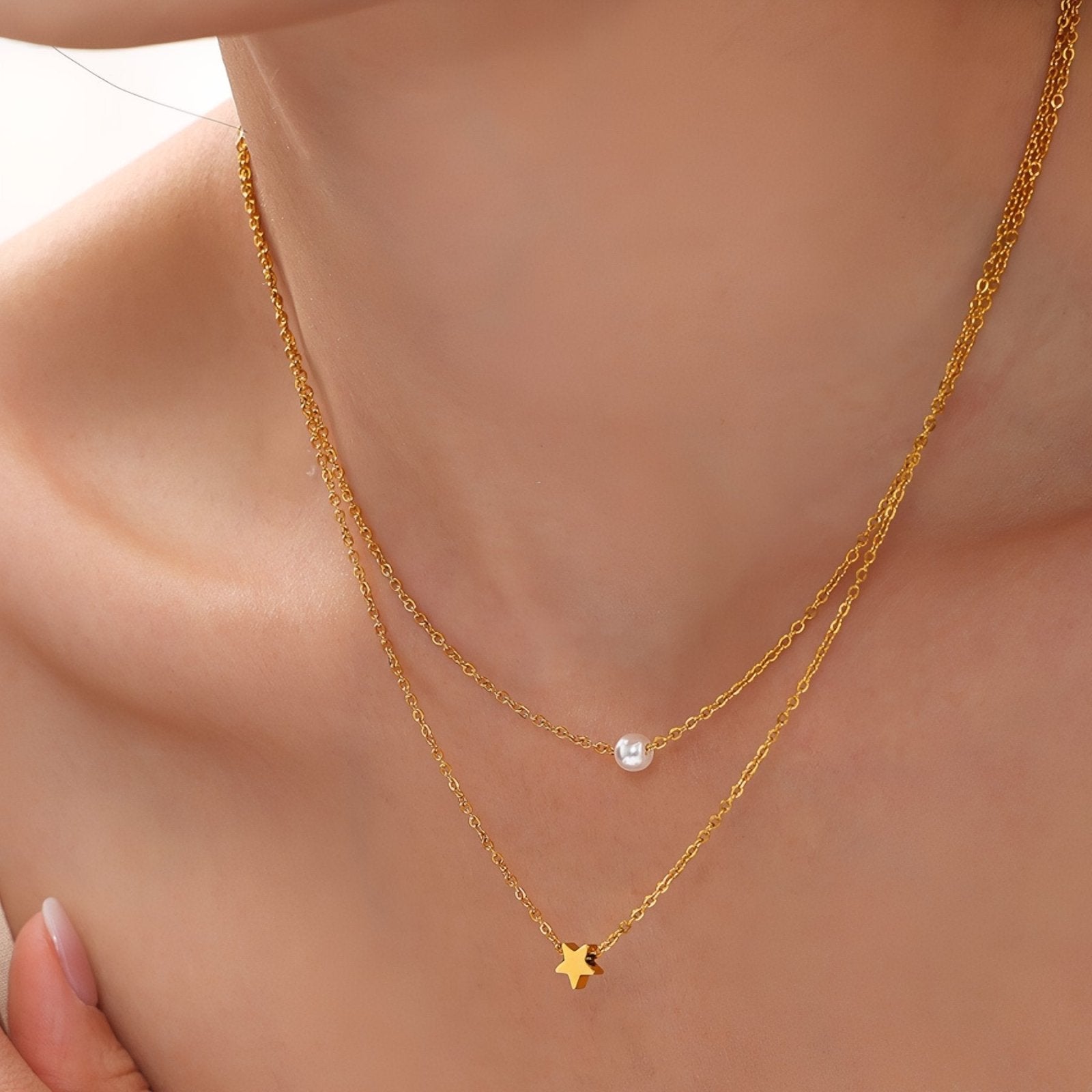 Collier double rangs pour femme, avec perle et pendentif étoile, en acier inoxydable