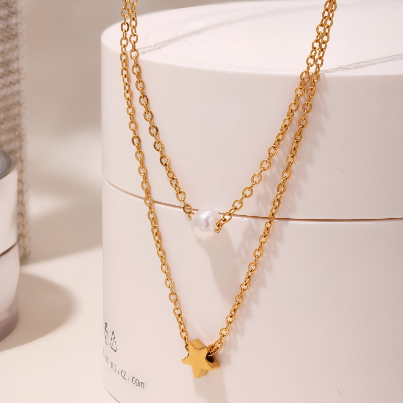Collier double rangs pour femme, avec perle et pendentif étoile, en acier inoxydable