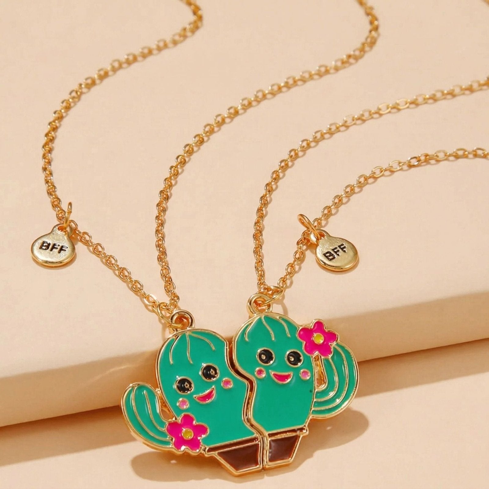 Collier duo meilleure amie, avec pendentif fleur de cactus, en alliage doré et résine