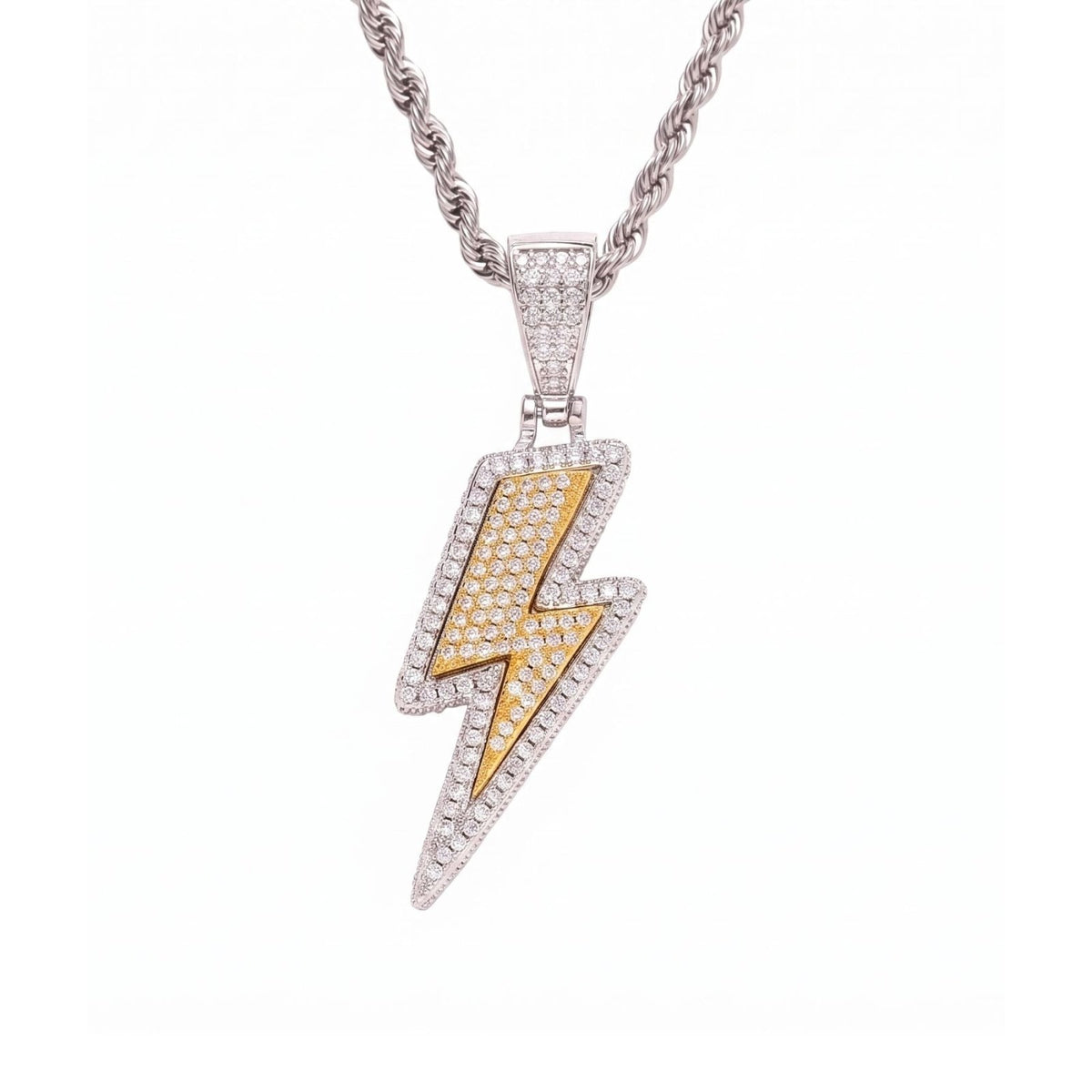 Collier éclair hip-hop pour homme, en cuivre avec placage or 18K, pendentif entièrement serti de zircons